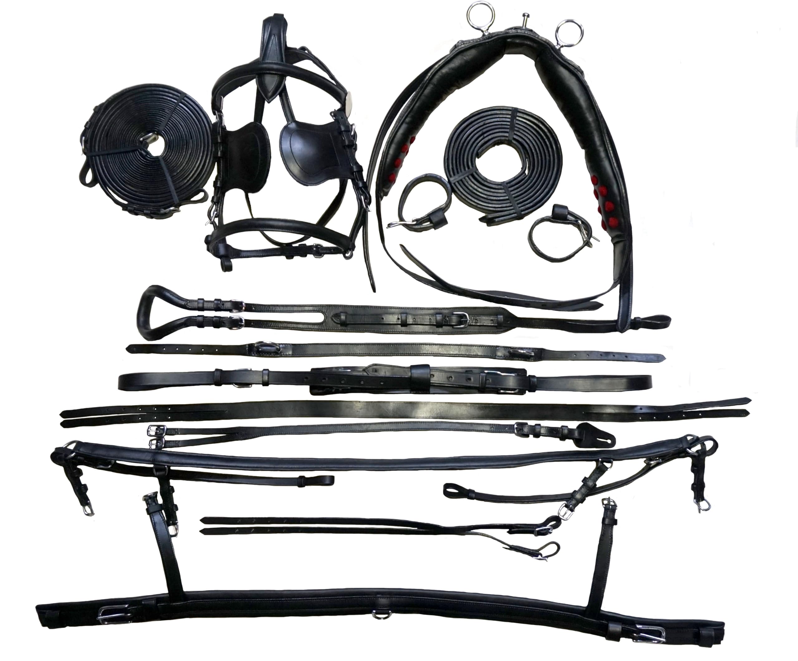 Equitem Black Leather Cob Driving Show Training Cart Harness with Red Trim