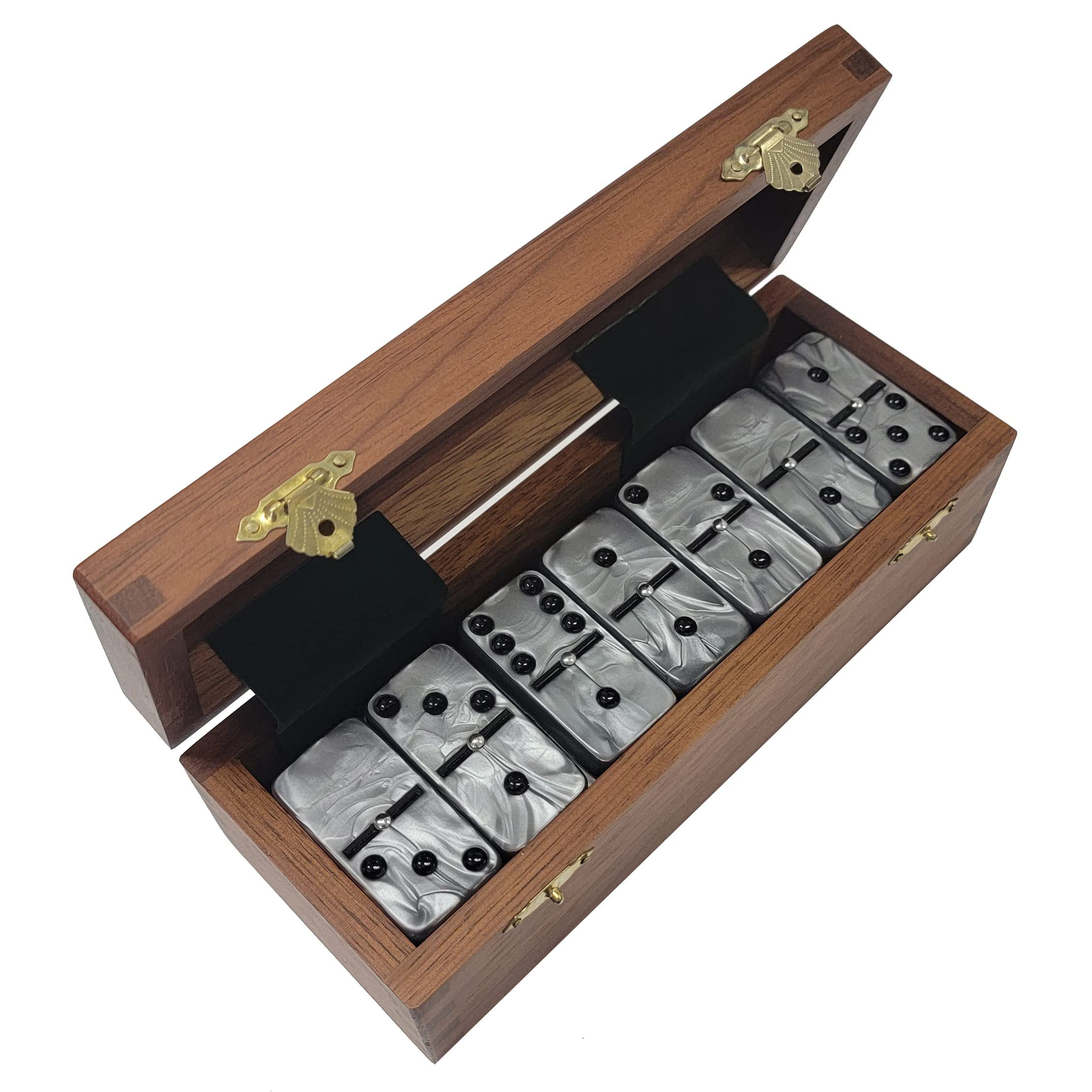 Marion Domino Double Six Silver Marbleized Jumbo Tournament Professional Size with Spinners in Dovetail Sheesham Wood Box.