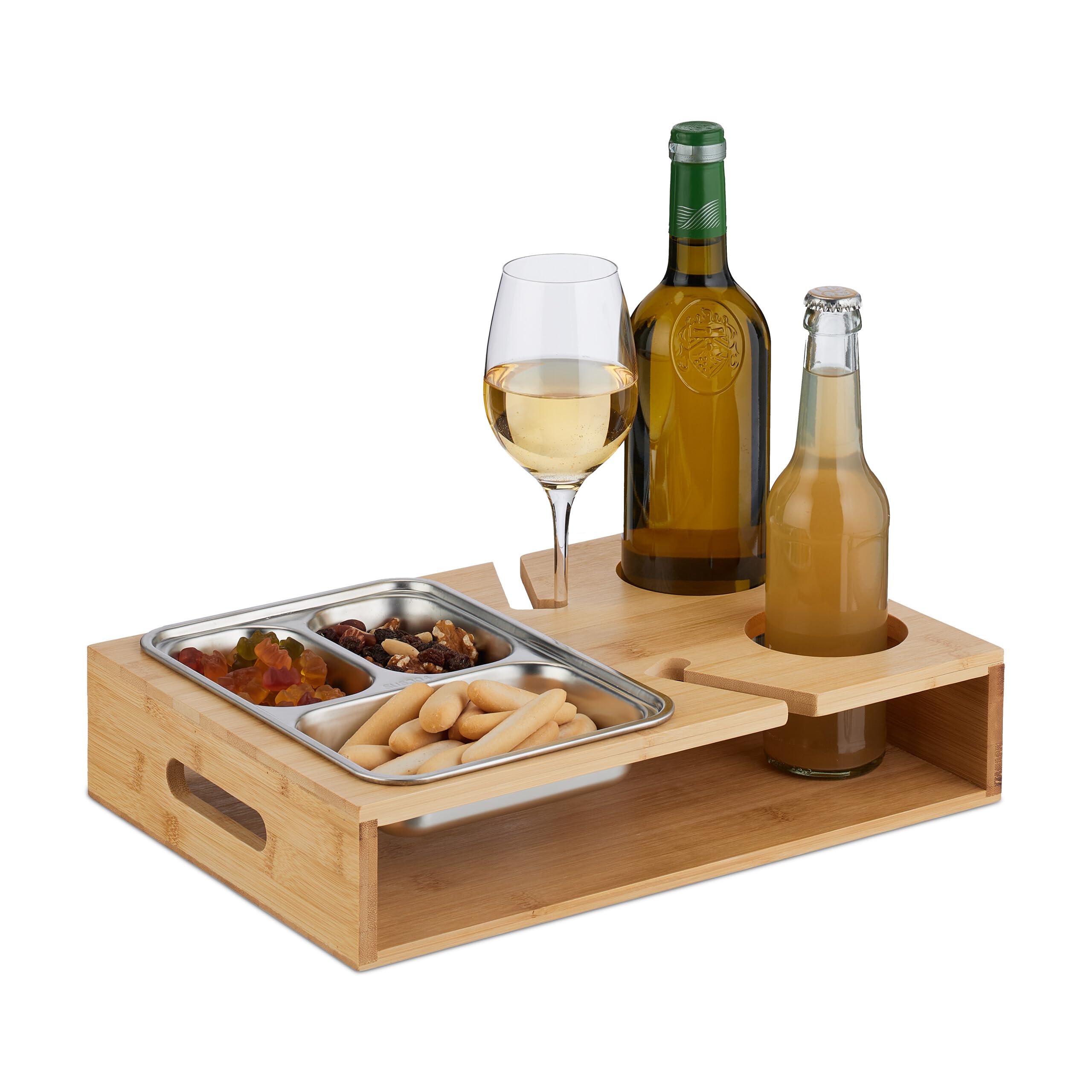 Relaxdays Snack Tray, Couch Bar, Bamboo, Stainless Steel Bowl, Drinks & Wine Glass Holder, Handles, Natural/Silver, 8 x 36.5 x 25 cm