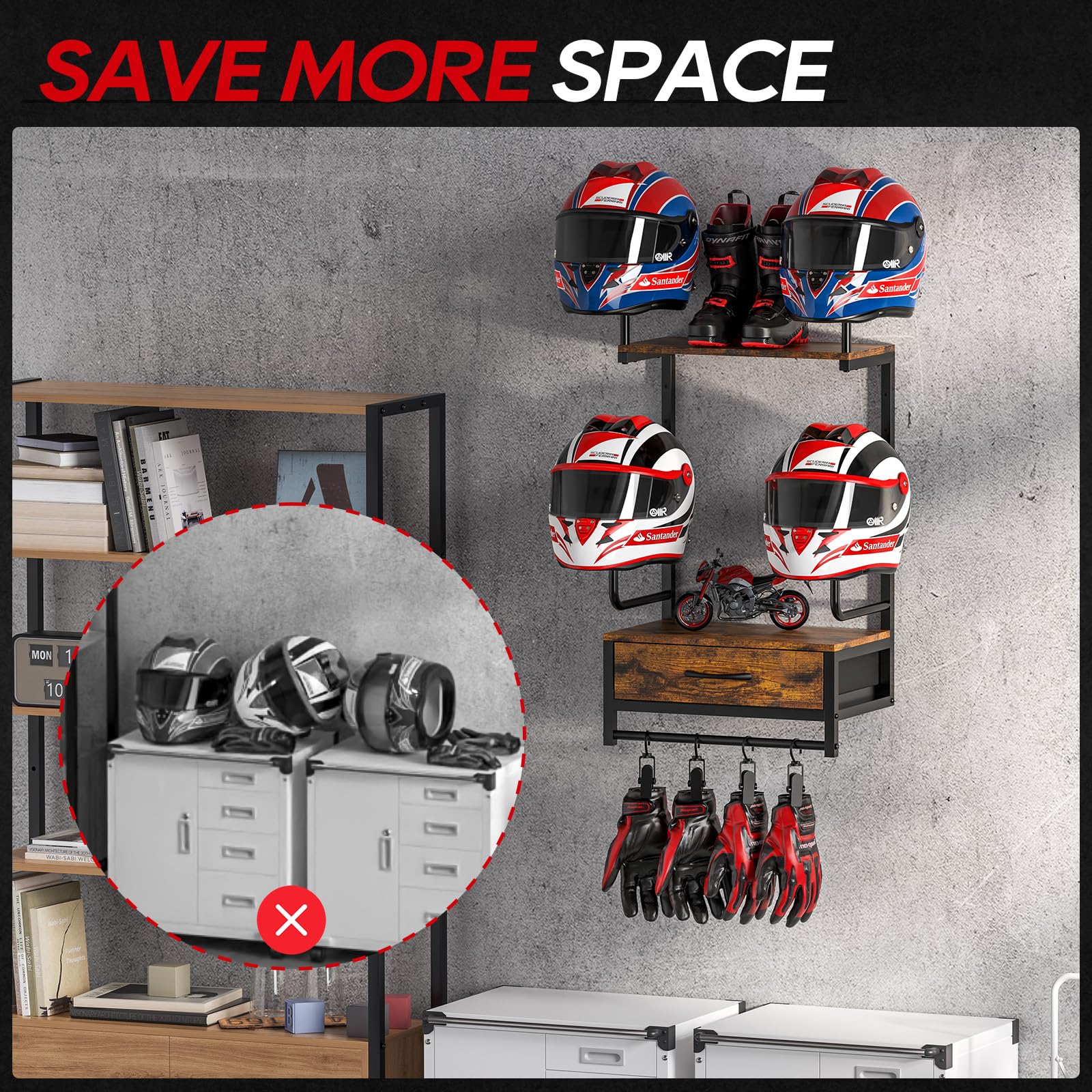 Porta Casco Moto da Parete per 4 Caschi, Appendi per Caschi con un Ripiano In Legno, Versatile Accessori Moto Uomo per Calcio, Baseball, Garage (Nero)