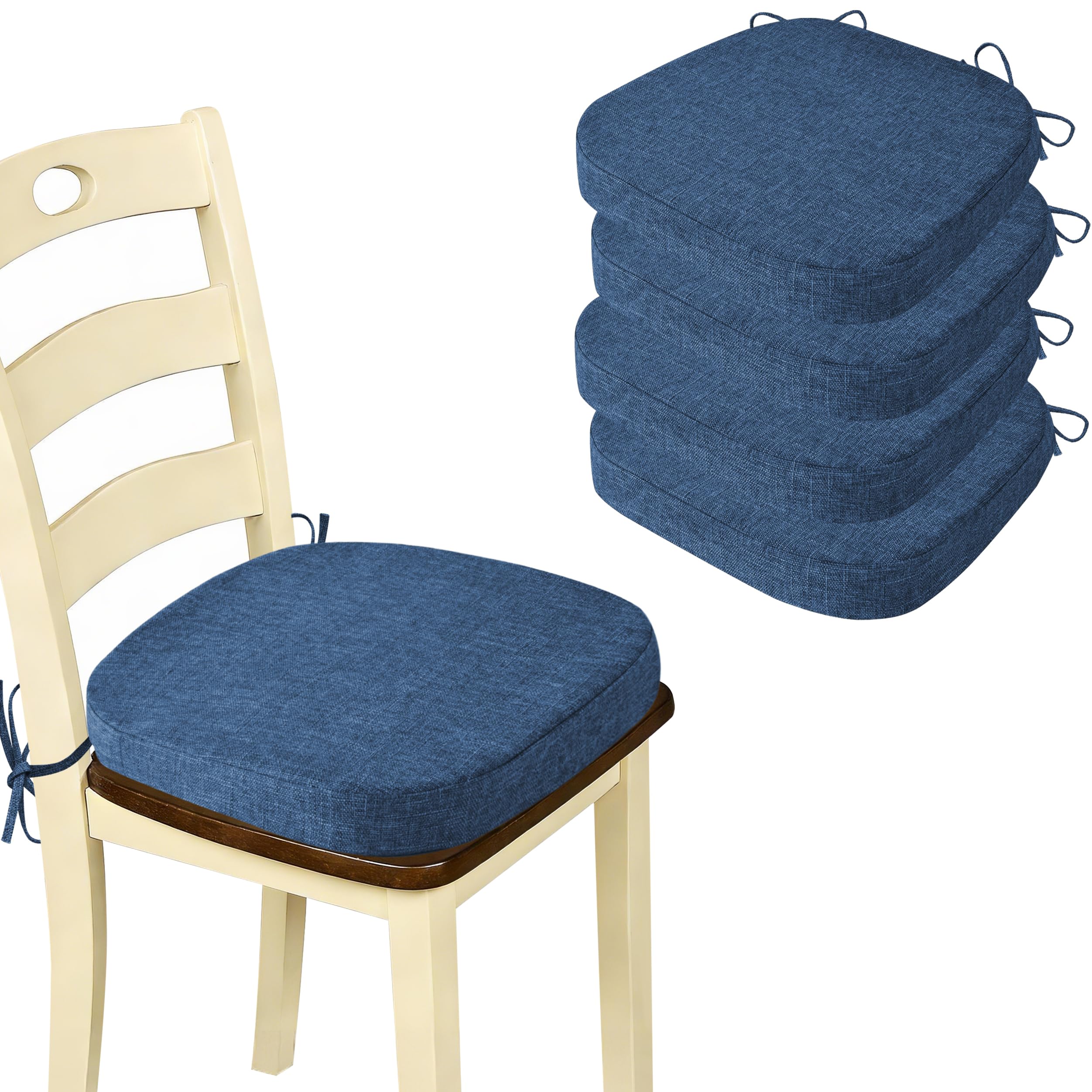 OVOV Dining Chair Cushions Set of 4 Non Slip Kitchen Chair Pads with Ties and Washable Cover D-Shaped Indoor Kitchen Seat Cushions for Dining Room 40x40x5cm (Blue)