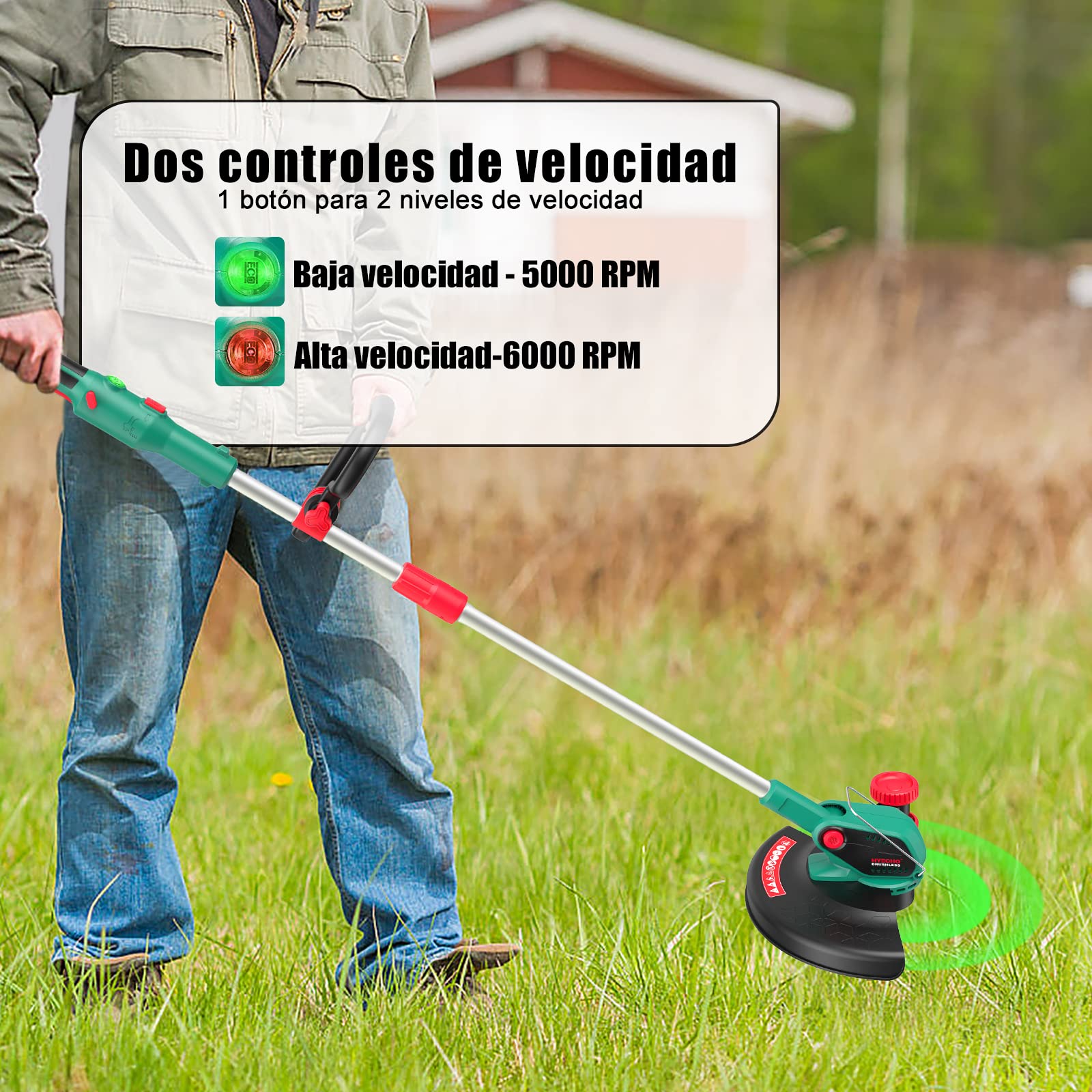 Desbrozadora bateria 36V(2 * 18V), Brushless cortabordes eléctrica, diámetro de Corte 35 cm, 2 baterías de 2,0 Ah e Cargador de Dobre posición, dous axustes de velocidade