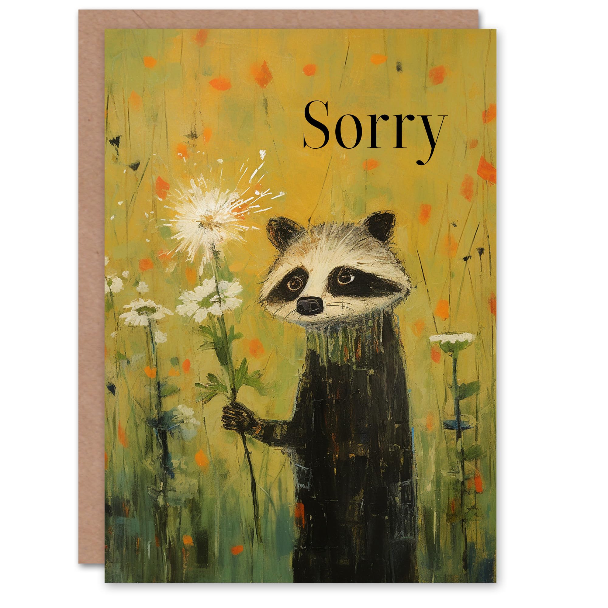 Artery8 Apology Card Fun Sorry Racoon Holding Daisy Flower Oil Painting Blank Arty Art All Occasion Greeting Card