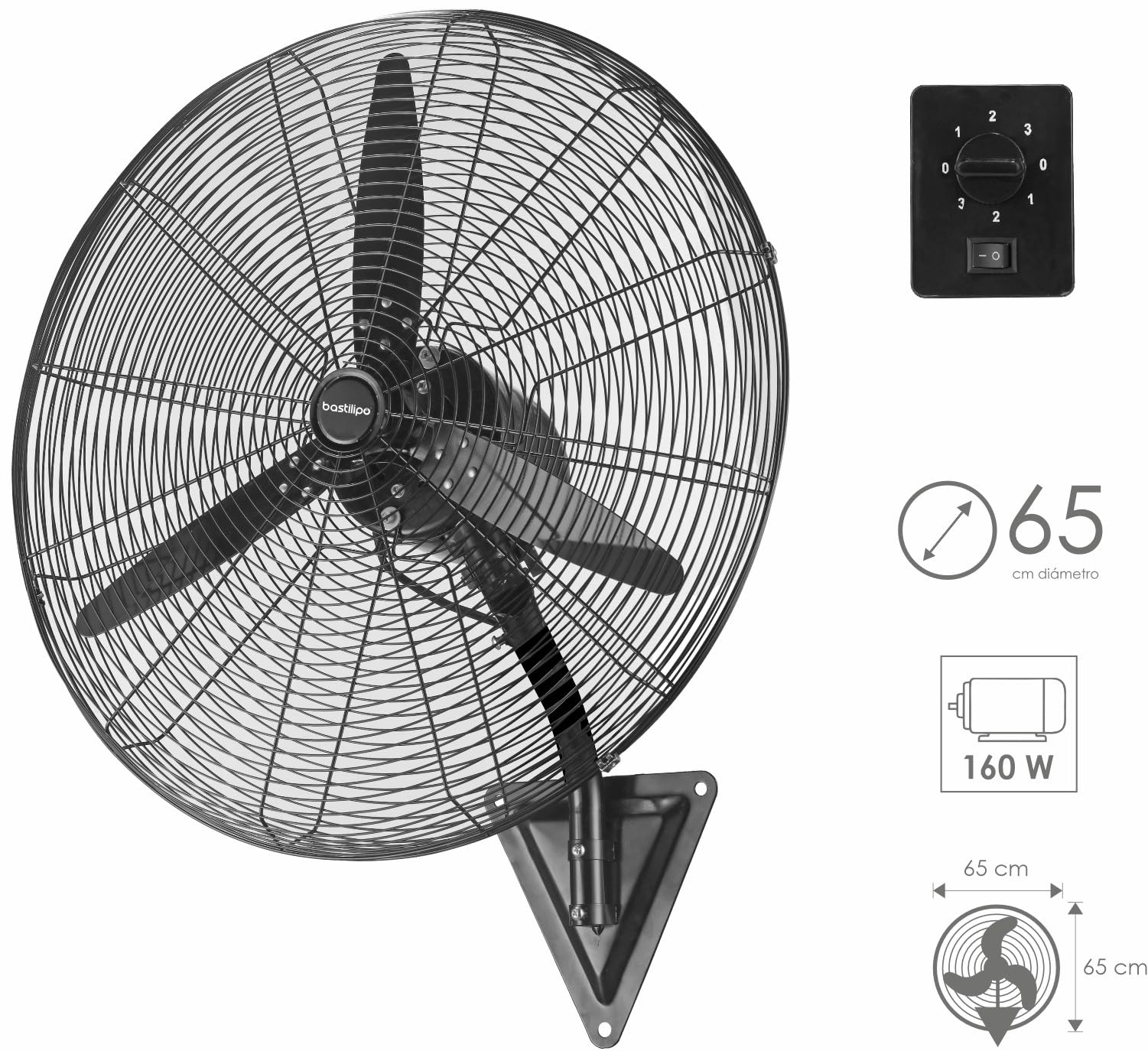 Bastilipo Ventisca Ventilador Industrial de Pared, 160 W, Acero Inoxidable, 3 Velocidades, Negro