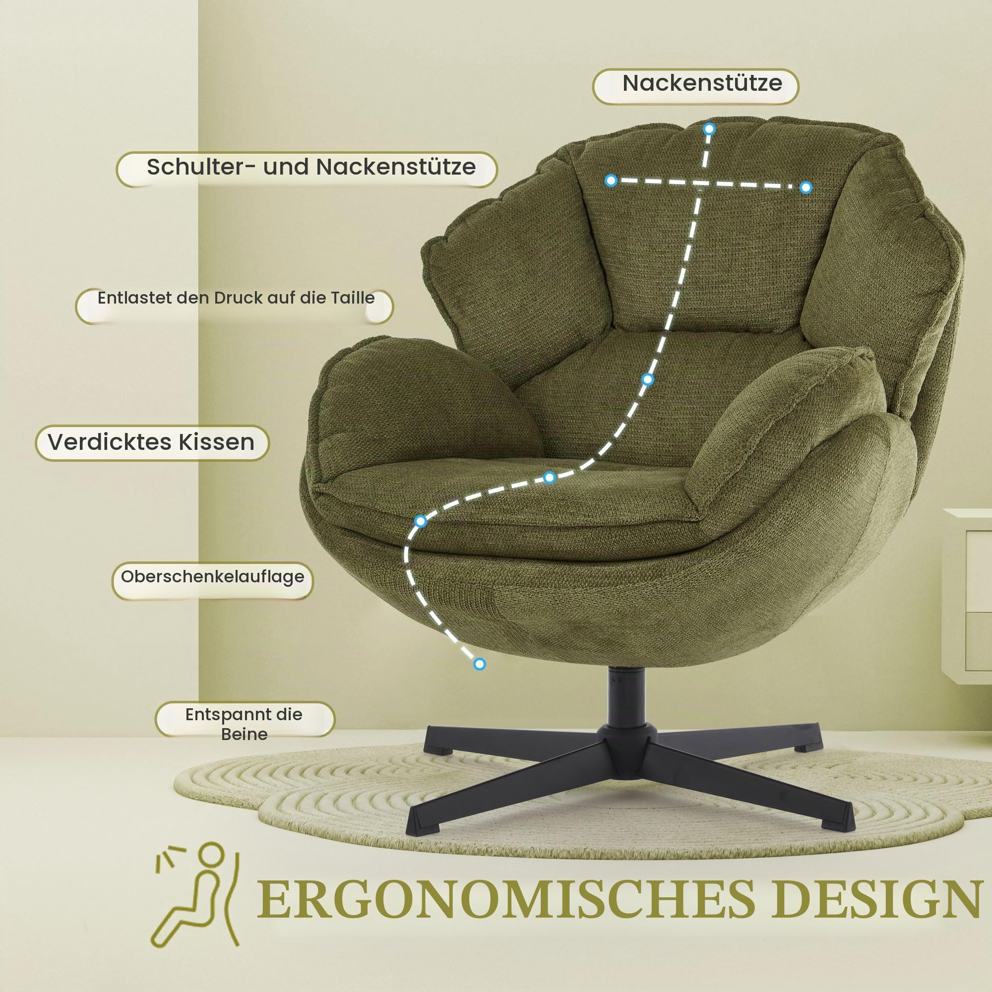 IWMH Sessel Wohnzimmer 360°Drehbar, Loungesessel Schlafzimmer, Polsterstuhl mit Breiter Sitzfläche, Ohrensessel mit Metallbeinen, Relaxsessel Lesesessel für Wohnzimmer Schlafzimmer Büro (Grün)