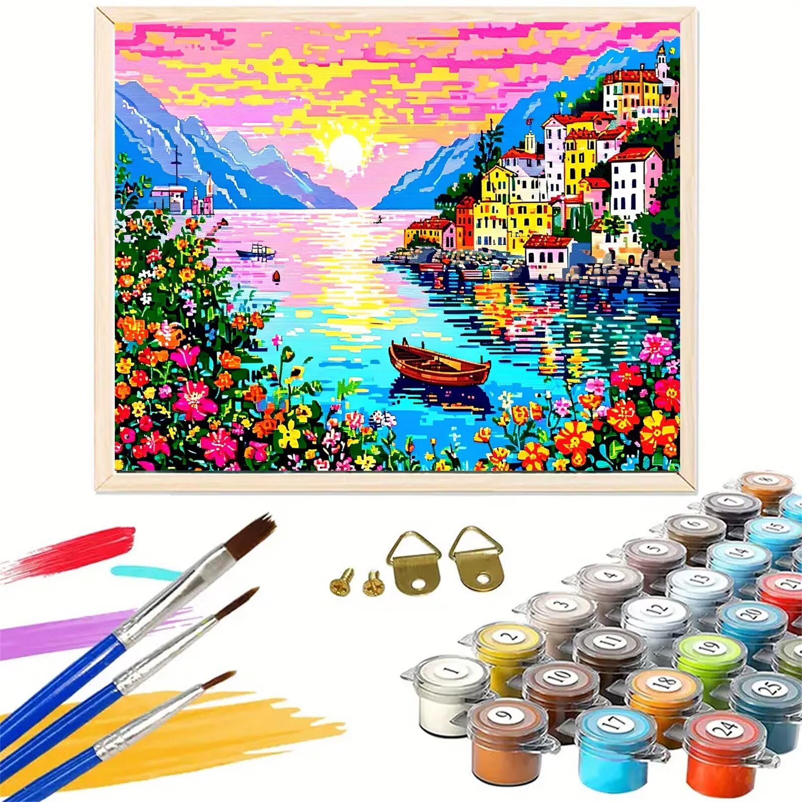 Dipingere Con i Numeri Adulti Mare Dipingere con i Numeri con Telaio 50x60 cm,Piccola città Paint by Numbers con Vernici e Pennelli,Kit di Pittura a Olio Fai-da-Te per Decorazioni Casa Regalo,kk-901
