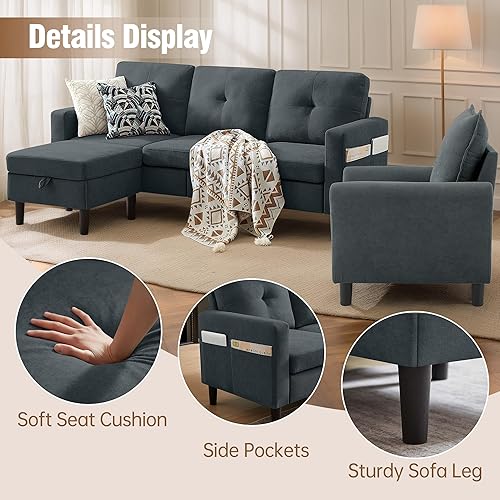 Miniatura 5 de Juego de sofá seccional de 2 piezas, juego de sofá y silla de 3 asientos con bolsillos laterales y otomana de almacenamiento móvil, moderno juego de