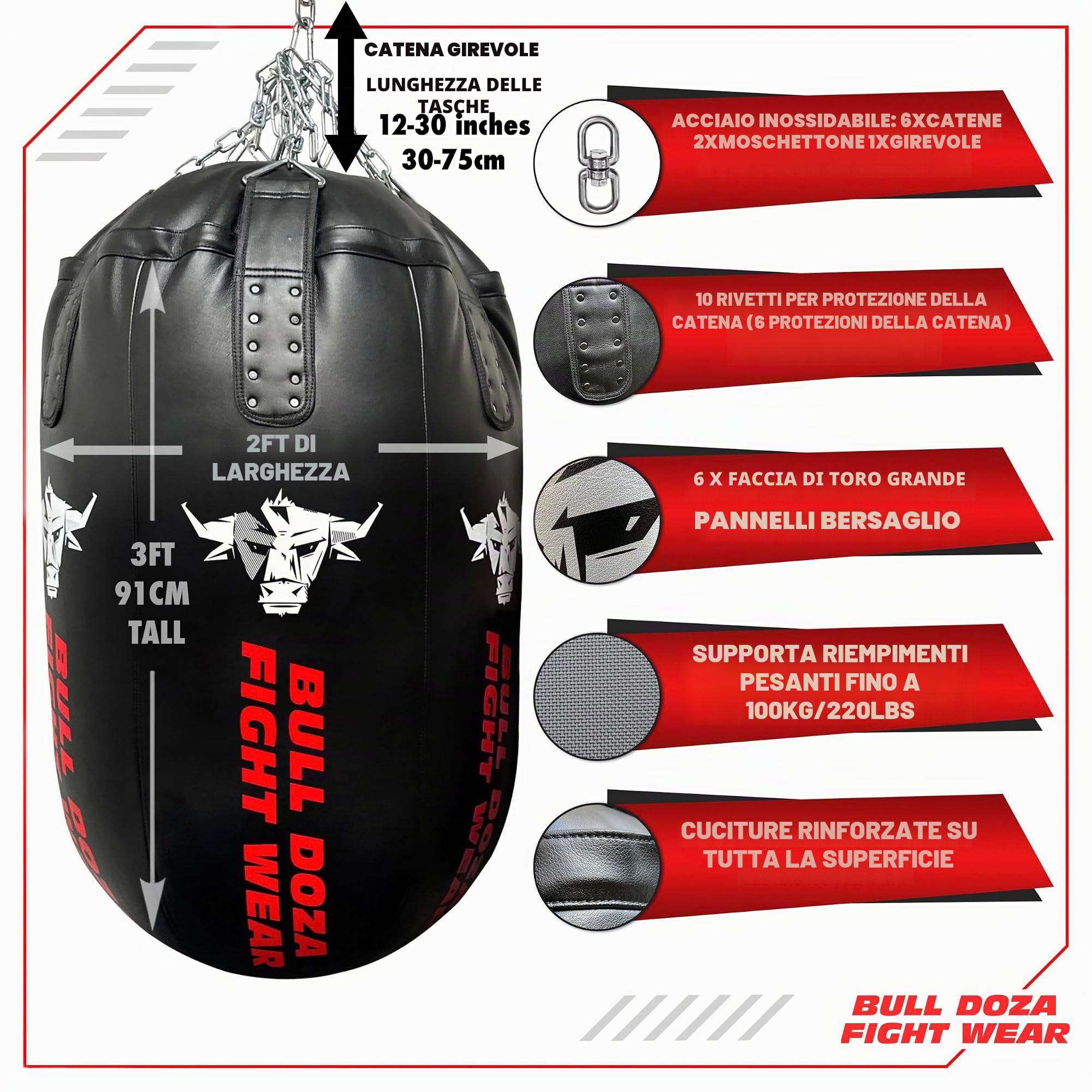 Sacco da boxe a forma di proiettile, enorme, con riempimento automatico, capacità di riempimento di 100 kg, resistente, con catene girevoli in acciaio inox, sacco da boxe più aggressivo Bull Doza