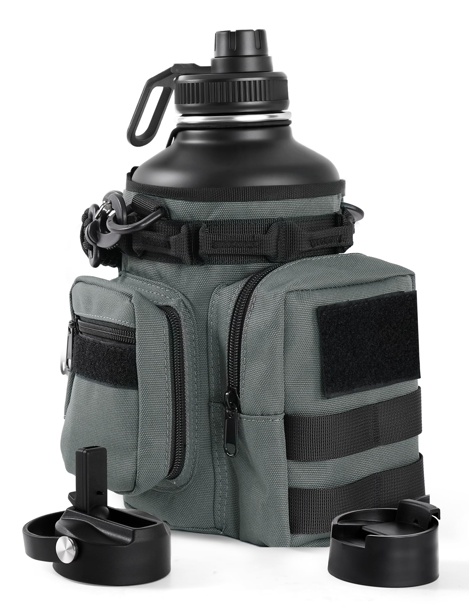 banloga Tactical Half Gallon Water Bottle with Straw, 64 Oz Insulated Water Jug with Molle Water Bottle Holder, Stainless Steel Sport Bottle with 3 BPA Free Lids for Gym Workout Hiking (64oz-Gray)