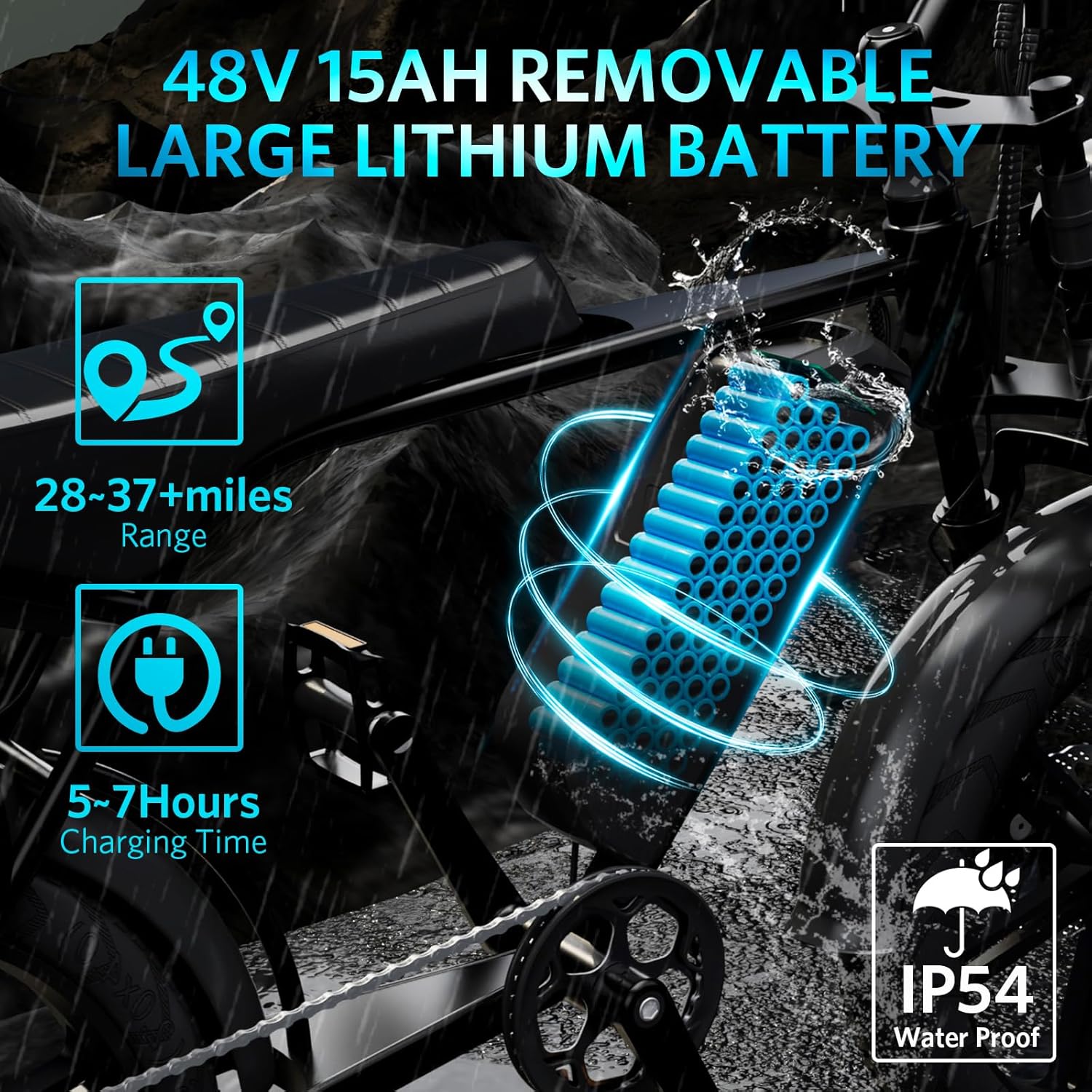 Close-up of the OUXI V8 Electric Bike's 48V 15Ah removable lithium battery.