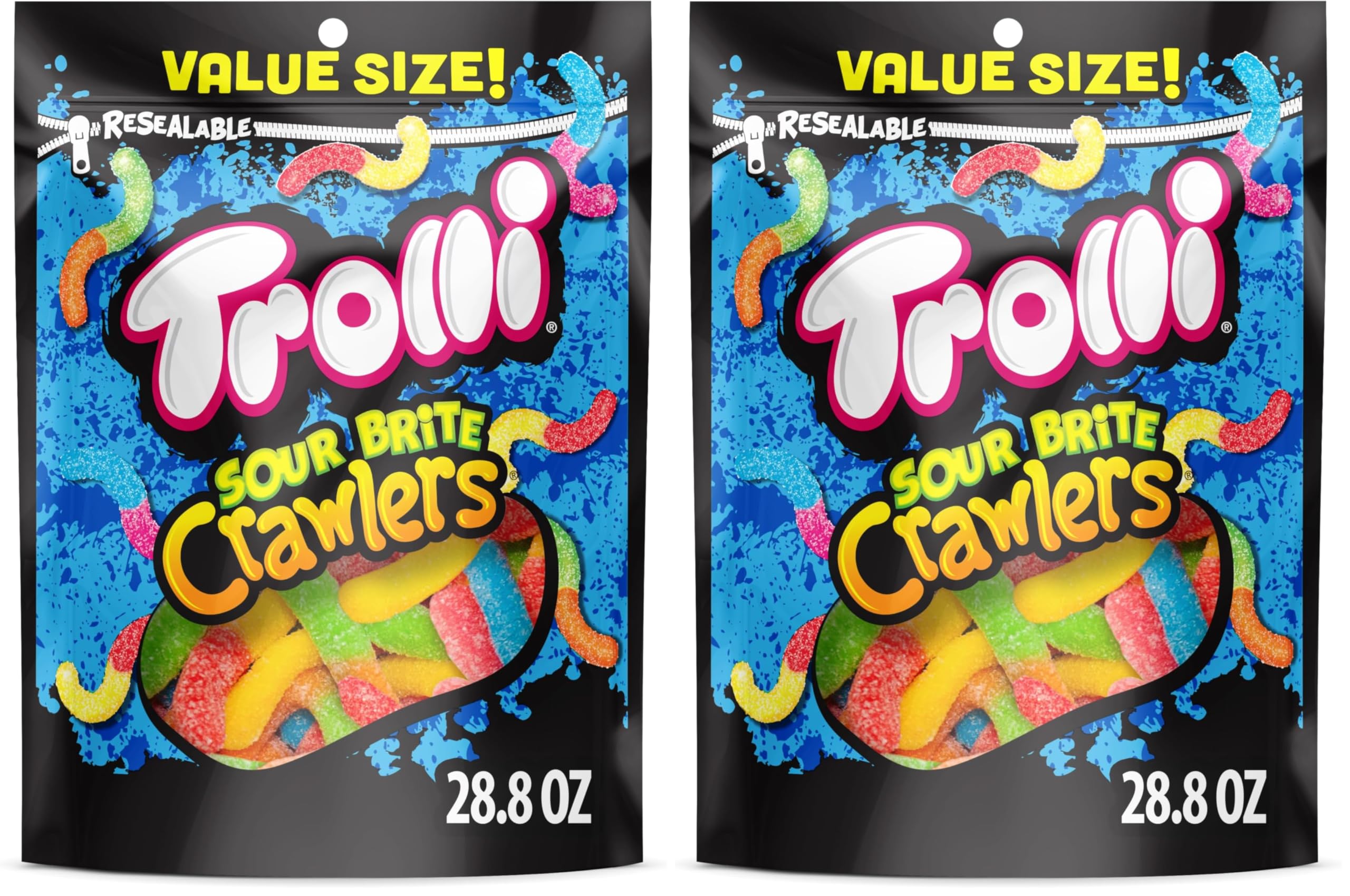 Trolli Sour Brite Crawlers, Candy, Cherry-Lemon, Strawberry-Grape & Orange-Lime, Sweet and Sour, Gummy Worms, 28.8 oz (Pack of 2)