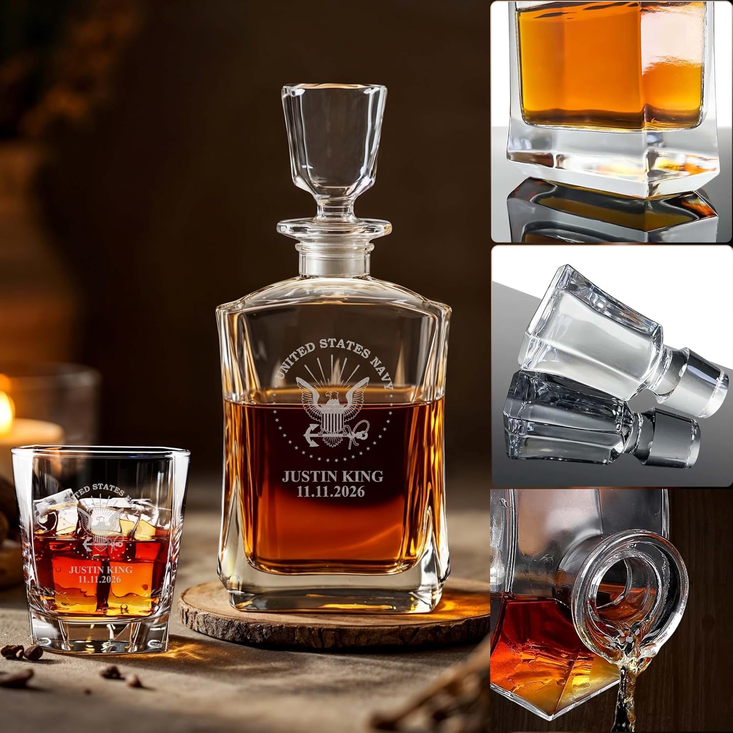 Custom Engraved United States Navy with Name and Date Whiskey Decanter Gift Set – 23 oz Liquor/Bourbon Decanter with Glasses, Whiskey Stones & Tongs – Premium Whiskey Gift