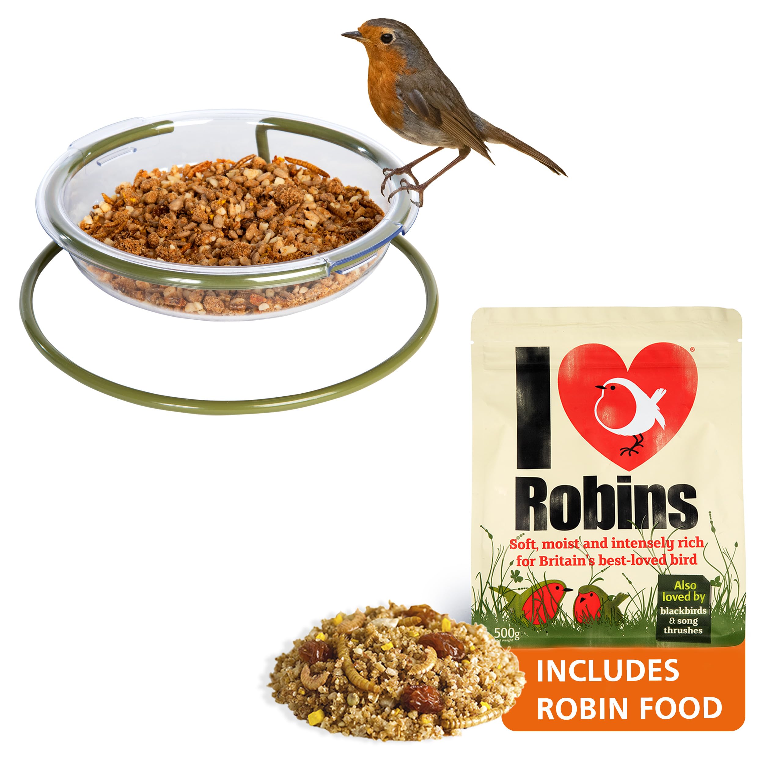 Ground bird feeder with robin food - Mealworm And Robin Bird Feeder Jacobi Jayne® I Love Robins™ Easy Clean Treat Dish and food - Ground Bird Feeder - Robin Feeders For The Garden