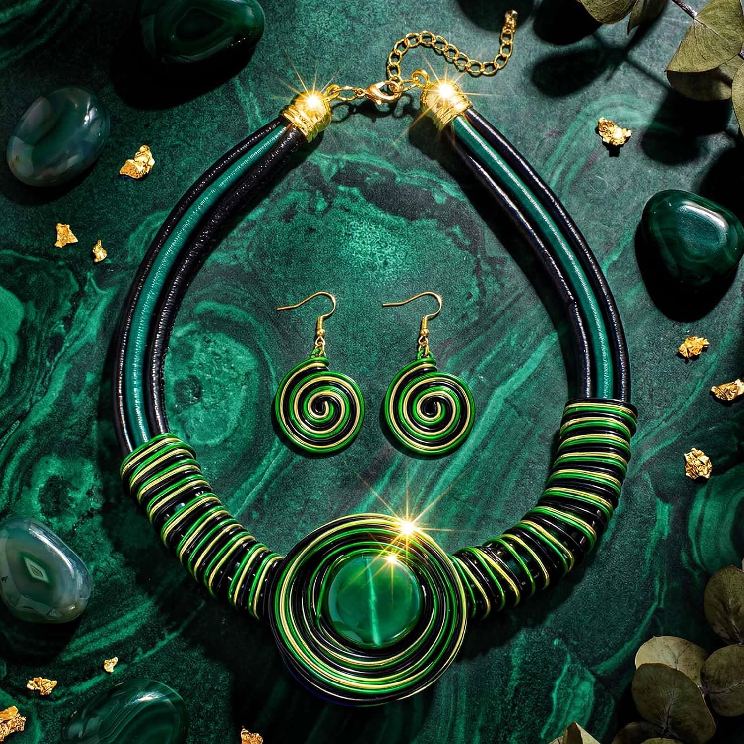 Fstrend Green African Tribal Choker Necklace and Earrings Set, Chunky Bib Statement Ethnic Jewelry for Women, Bohemian Boho Accessories - Image 7