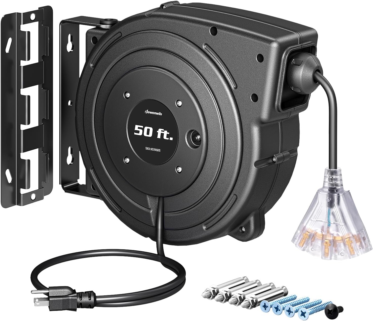 DEWENWILS Retractable Extension Cord Reel, 50FT Heavy Duty Power Cord, 14/3AWG SJTOW, Lighted Triple Tap Outlets, 13 Amp Circuit Breaker, Ceiling/Wall Mount, UL Listed