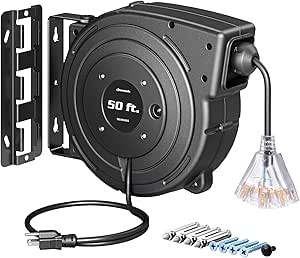 DEWENWILS Retractable Extension Cord Reel, 50FT Heavy Duty Power Cord, 14/3AWG SJTOW, Lighted Triple Tap Outlets, 13 Amp Circuit Breaker, Ceiling/Wall Mount, UL Listed