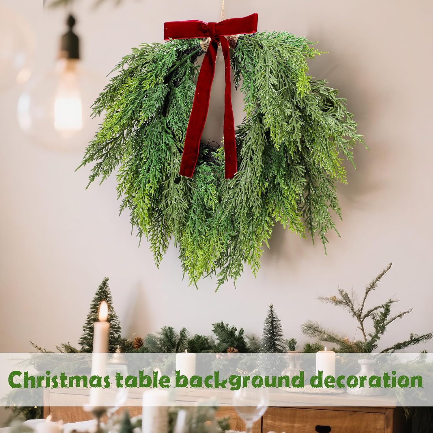 13.8" Christmas Artificial Cedar Wreath with Burgundy Velvet Bow Green Christmas Draping Oval Cedar Wreath for Front Door, Wall, Windows Indoor Outdoor Winter Festival Farmhouse Home Decor - Image 5