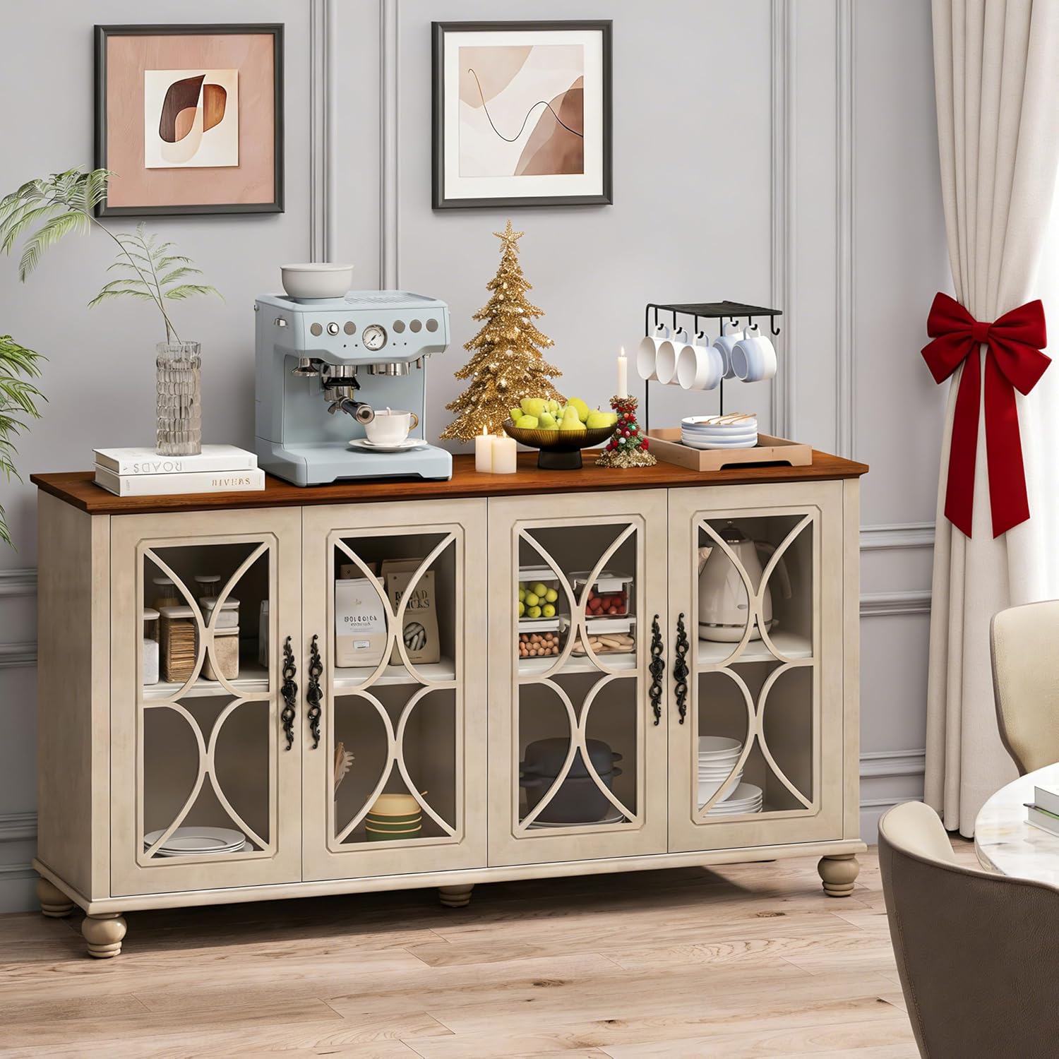 Sideboard Buffet Cabinet with Tempered Glass Door, 60 Inch Monden Accent Cabinet, Wood Sideboard tv Stand, Shelves Credenza Console Table for Office, Coffee Bar Tables, Beige