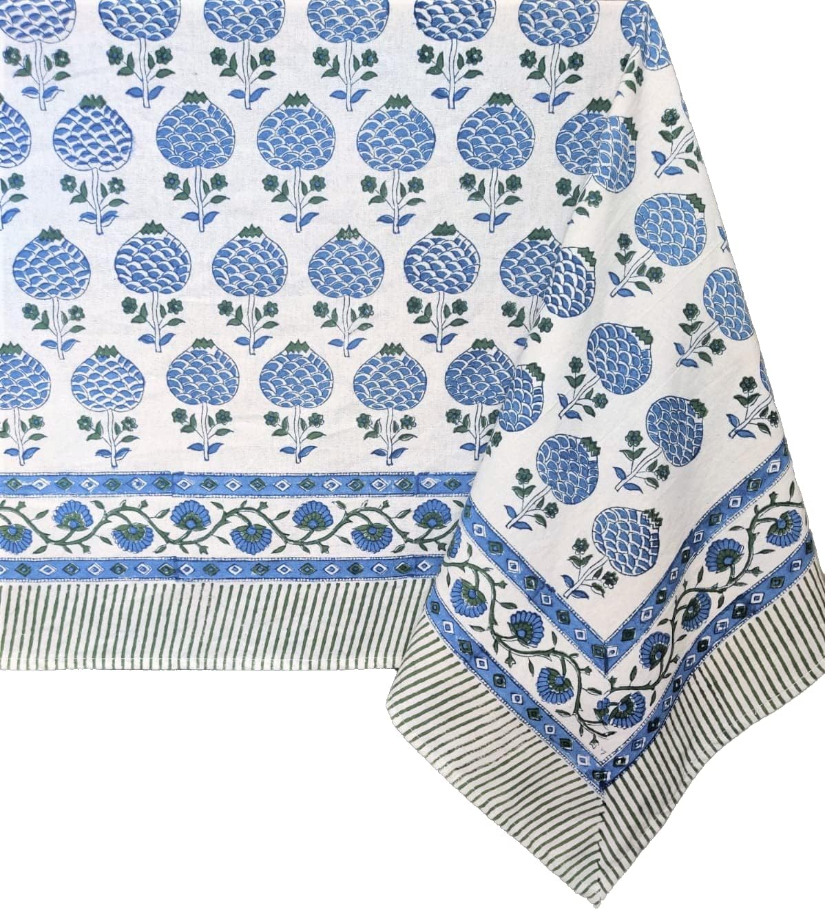 ATOSII Roma Blue 100% Cotton Boho Rectangle Fall Tablecloth, Handblock Floral Print Table Cloth Linen for Kitchen Dining I Parties, Outdoors, Weddings, Christmas, Thanksgiving Decor 60 X 108 Inches