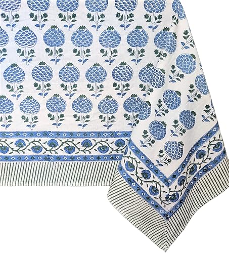 ATOSII Roma Blue - Mantel rectangular de otoño 100% algodón, bohemio, estampado floral, a mano, para cocina, comedor, fiestas, al aire libre, bodas,