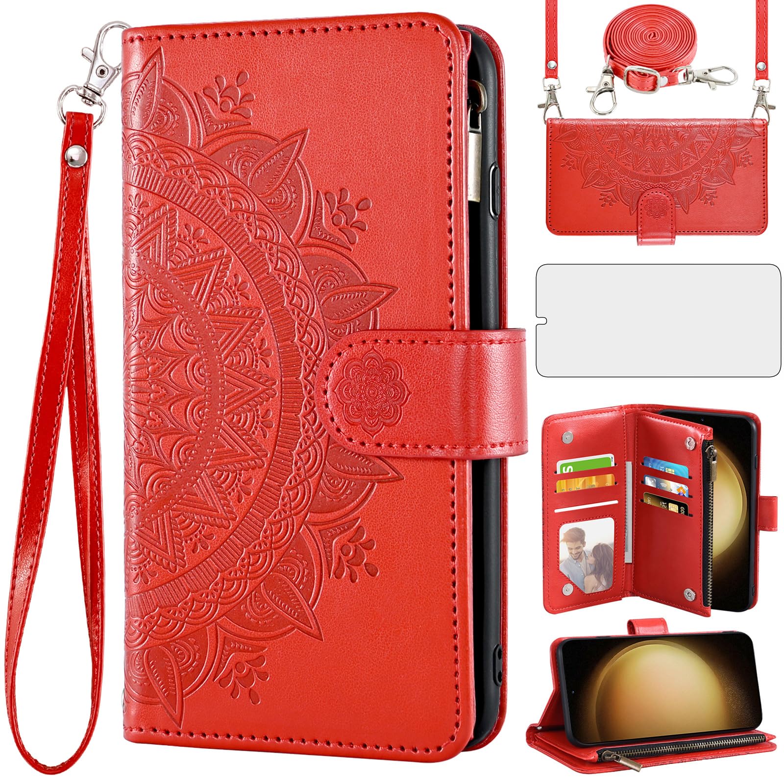 Asuwish Phone Case for Samsung Galaxy S23 Plus S23+ 5G Wallet Cell Cover with Screen Protector Lanyard Wrist Strap Mandala Flower Zipper Card Holder