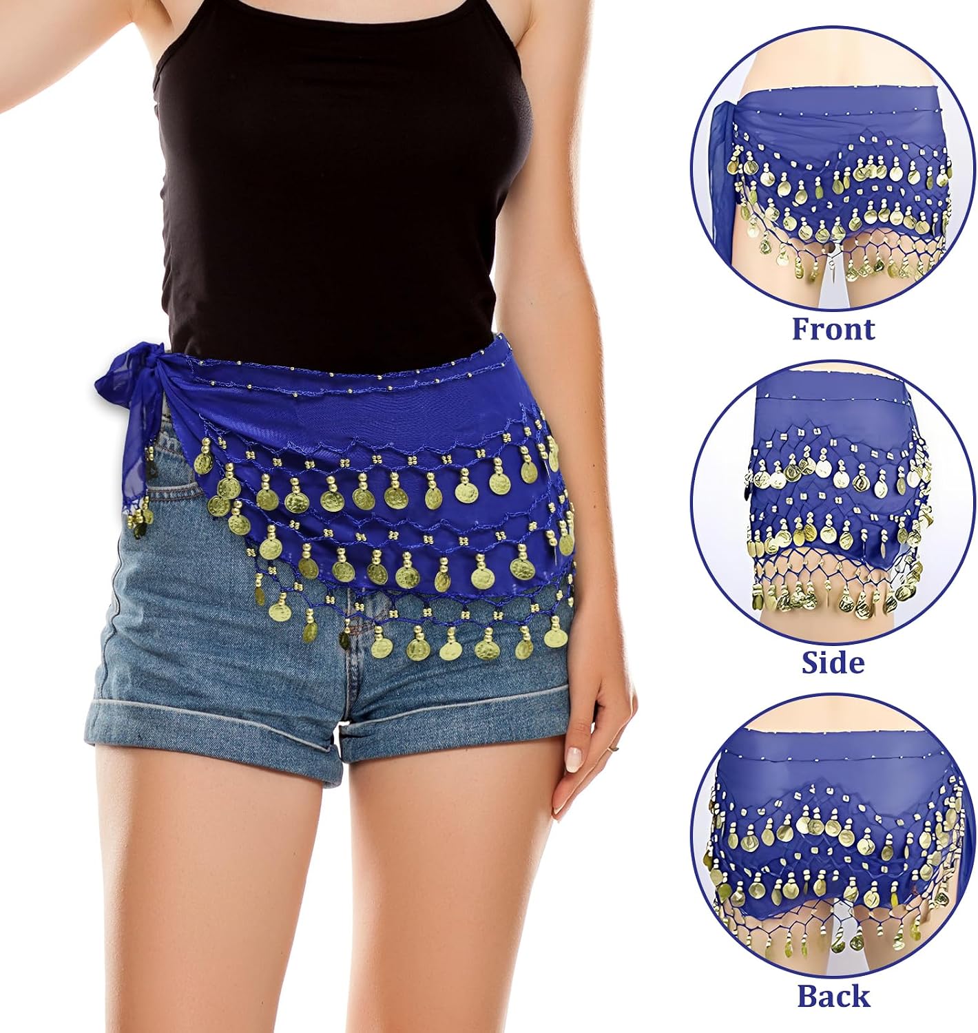 Belly Dance Hip Scarf, Dancer Outfit Skirt Women Costume Dancing Costumes for Belt Bellydance Scarves Coin Skirts for Yoga Practice, Indian Dance Practice(Royal Blue)
