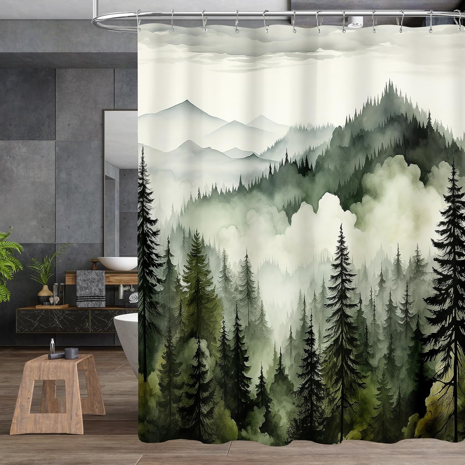 4PCS Dark Green Misty Forest Bathroom Sets with Shower Curtain and Rugs, Rustic Woodland Shower Curtain Sets with Rugs, Nature Mountain Landscape Bathroom Curtains Shower Set