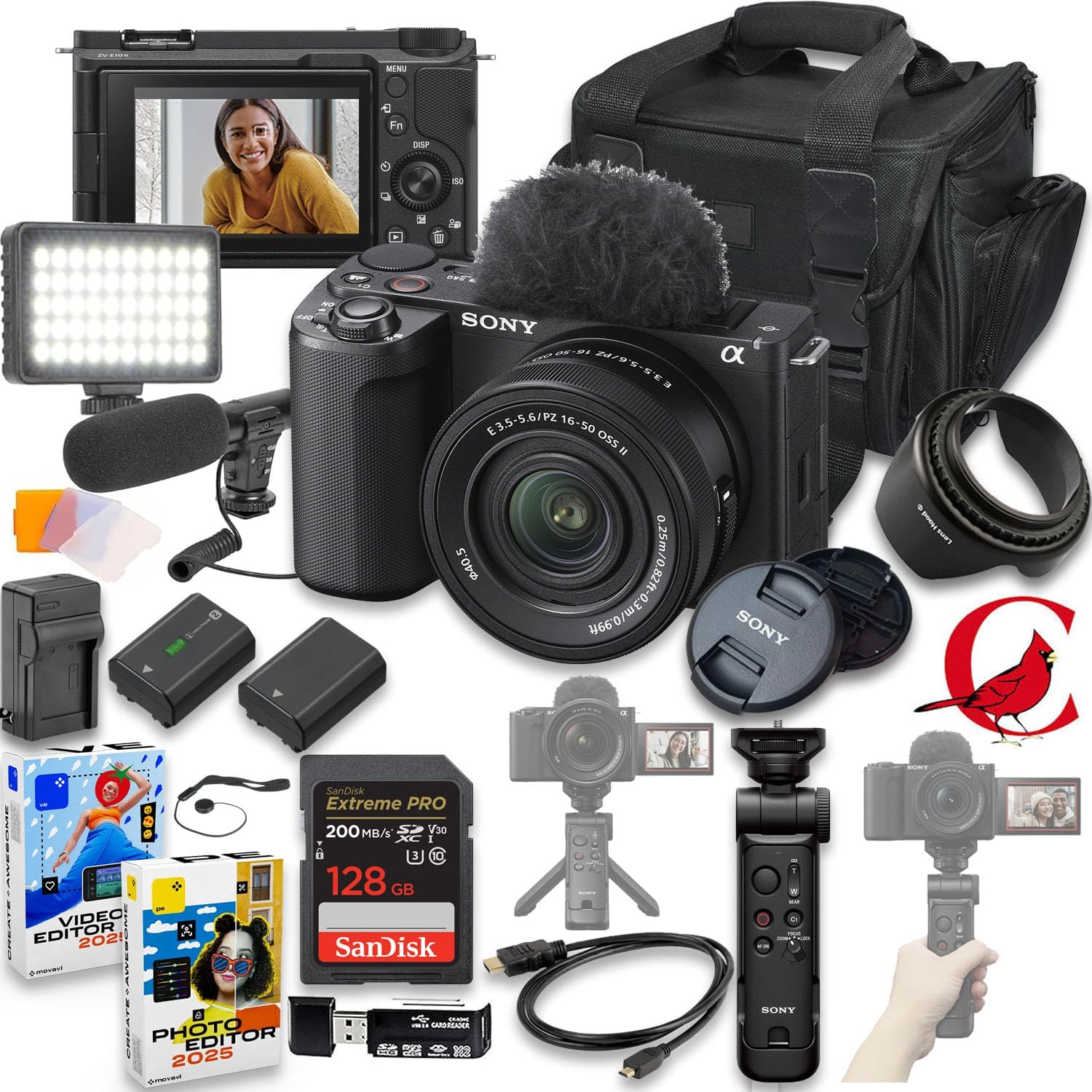 Sony ZV-E10 II Mirrorless Camera with 16-50mm Lens + GP-VPT3 Wireless Shooting Grip + 128 GB Memory + Tripod + More (22pc Bundle)