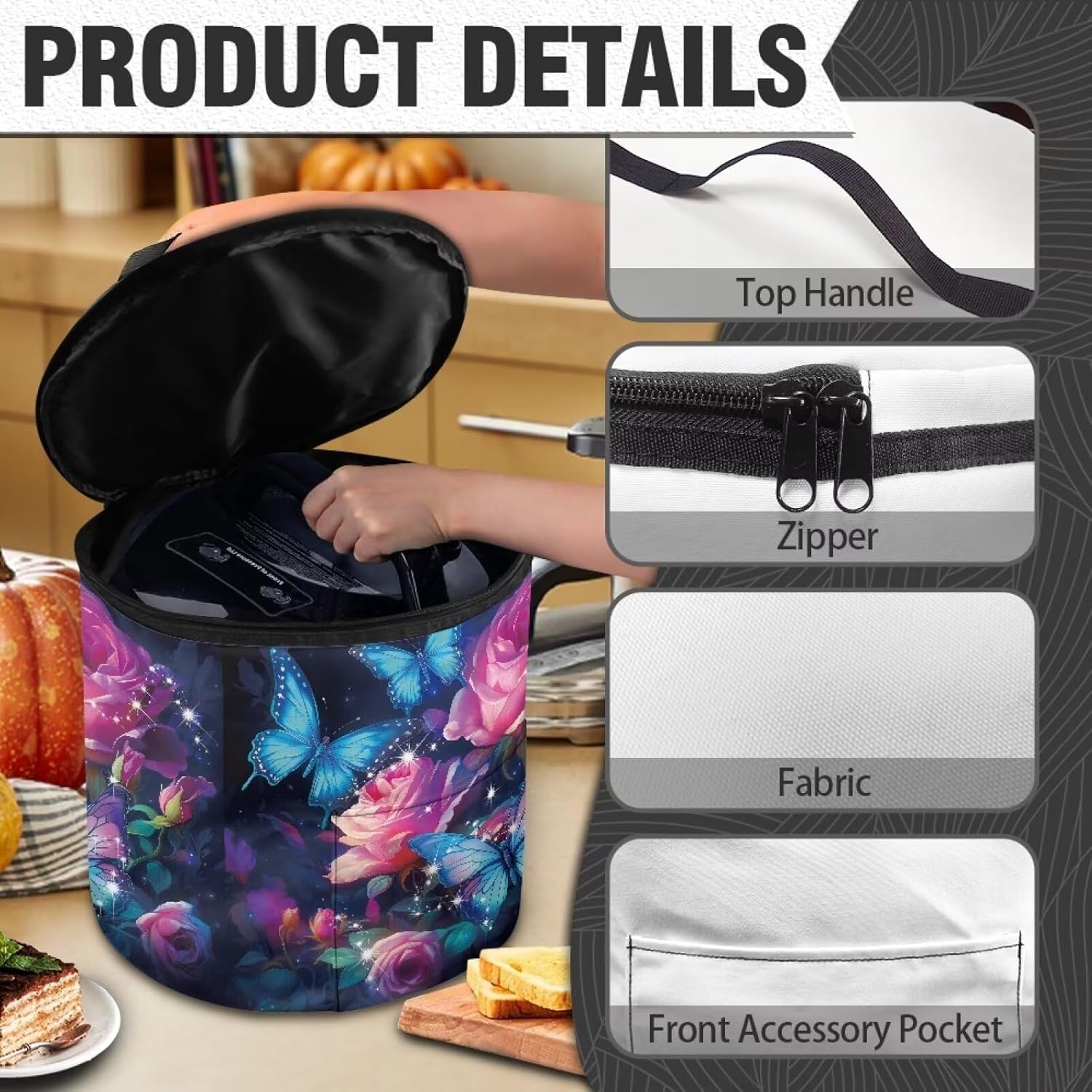 Butterfly Rose Dust Cover Carry Bag for 6 Quart Pressure Cooker Kitchen Small Appliance Dust Covers Zipper Closure Insulated Rice Cooker Cover Air Fryer Carry Bag Machine Washable