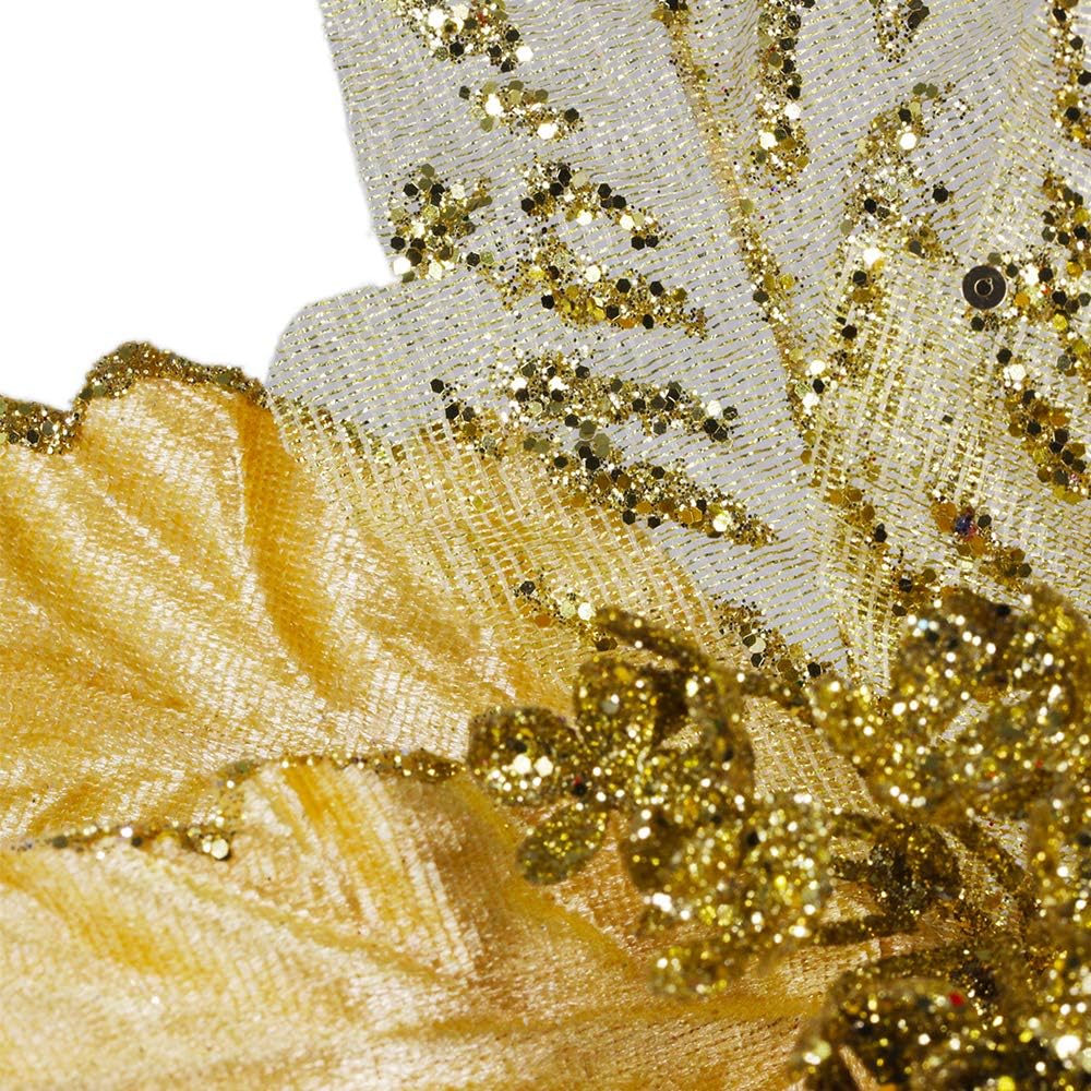 6 Pcs Christmas Gold Glitter Metallic Sheer Mesh Sequins and Damask Weave Poinsettia Flowers Picks Tree Ornaments 8" W for Gold Christmas Tree Wreaths Garland Floral Winter Wedding Holiday Decoration