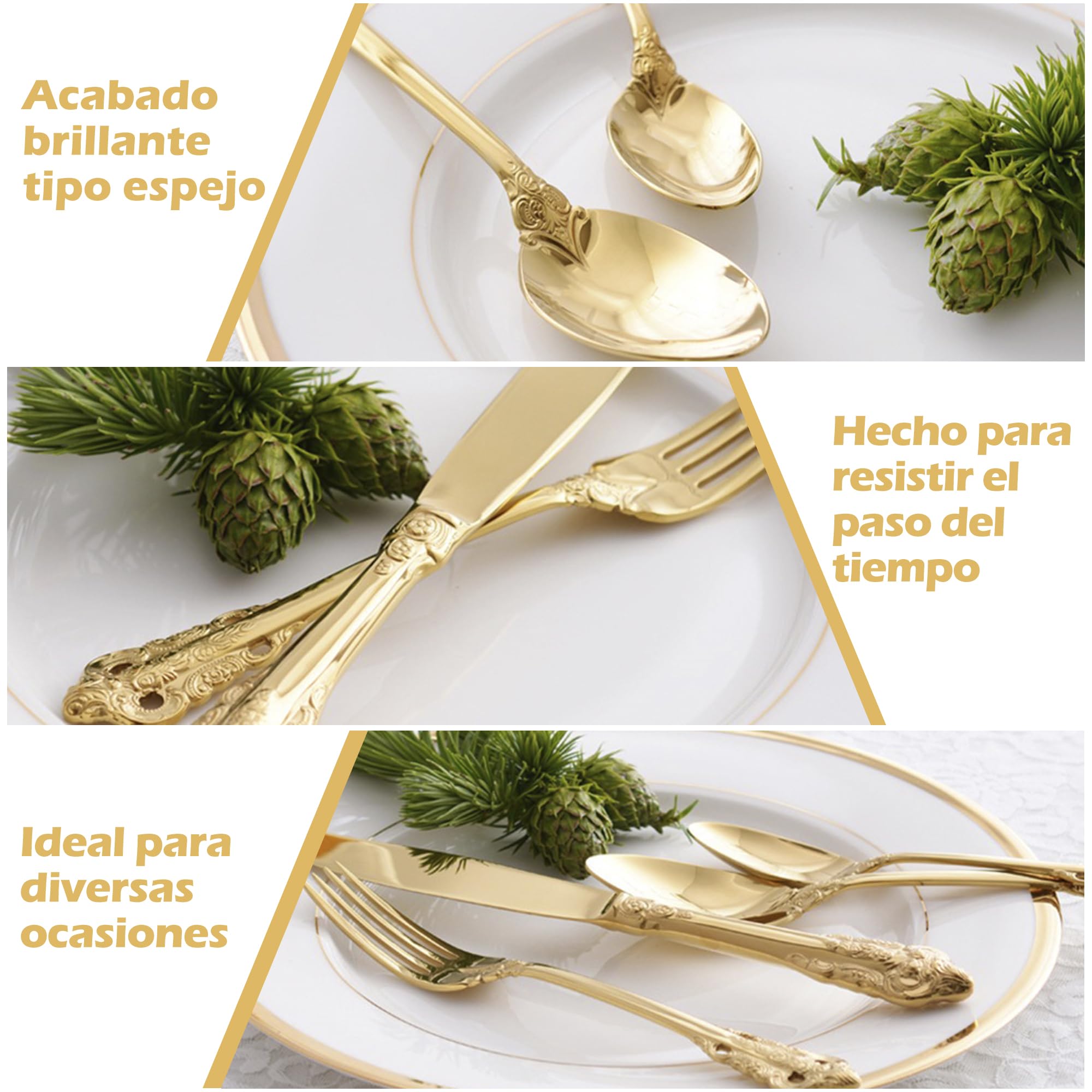 Hermoso juego de cubiertos de 20 piezas de acero inoxidable 18/10 oro barroco, juego de cubiertos de acero inoxidable antioxidante que con caja de regalo