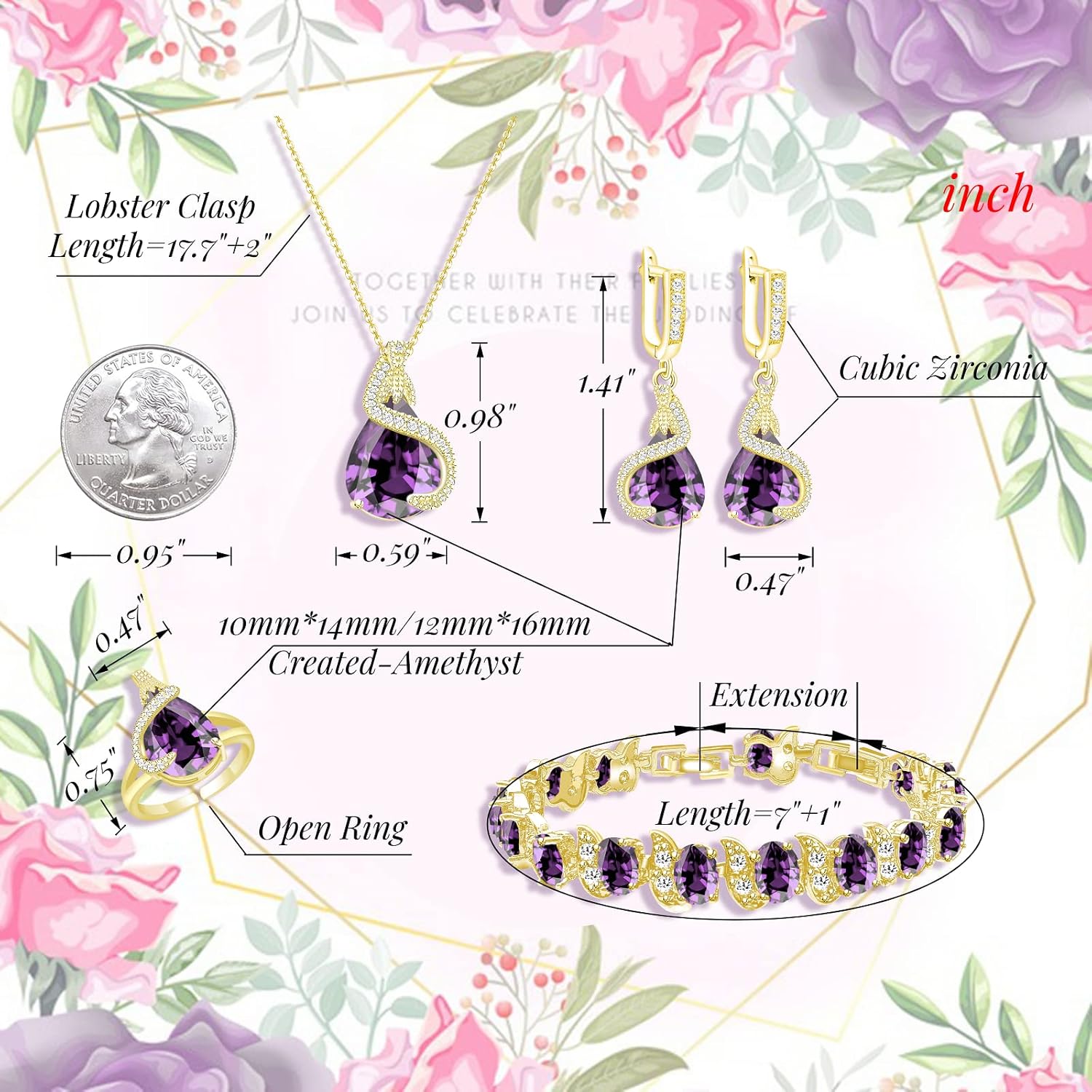 GZWHD Jewelry Set for Women Water Drop Cubic Zirconia Artificial Crystal Earrings Pendant Necklace Open Ring Tennis Bracelet Wedding Anniversary Birthday Engagement Gift for Bridesmaid Wife Girlfriend Friend
