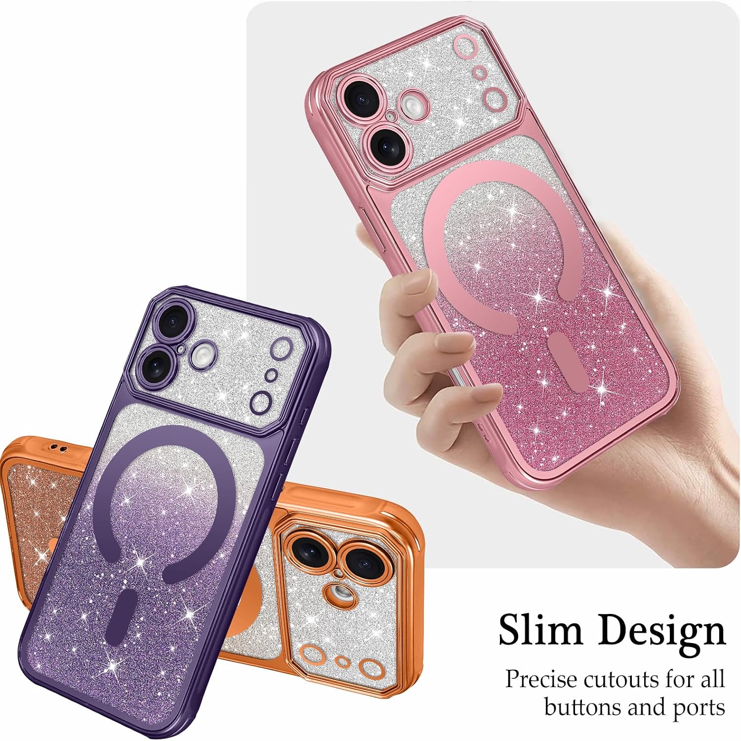 LSL Case for iPhone 17 [Compatible with MagSafe] Soft TPU Anti-Drop Anti-Scratch Shockproof Protective Slim Plating Bling Glitter Magnetic Cover for Women Girls Men - Orange