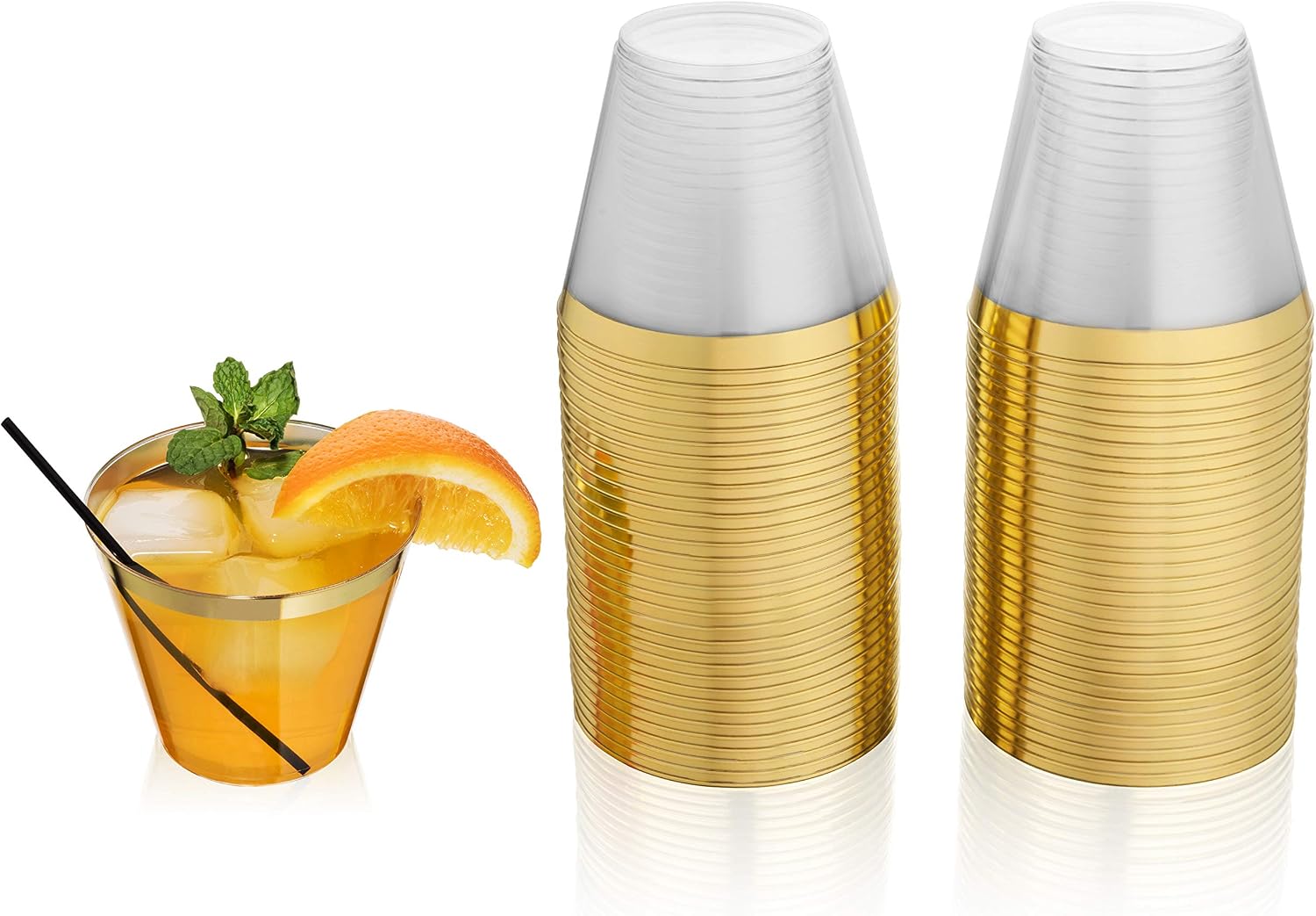 Gold Rimmed Clear Plastic Cups - 9 ounce - 64 Count - Hard Plastic - Disposable or Reusable - Old Fashioned Plastic Tumblers - Wine Cups - Cocktail Glasses - Drinking Cups - Gold Trim Wedding Tumblers