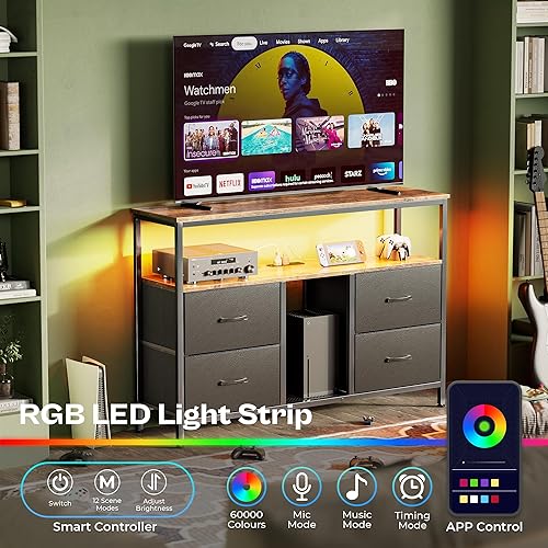 Miniatura 2 de Huuger Mueble de TV con tomas de corriente y luces LED, centro de entretenimiento de 4 cajones con estante abierto, consola multimedia para TV de 50