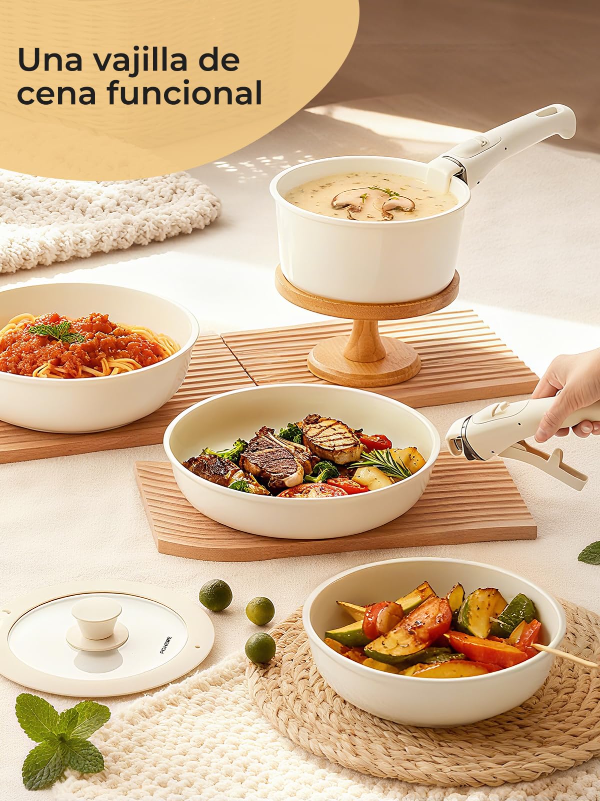 Poele Ceramique, 17 Pièces Batterie de Cuisine avec Fond Céramique et Poignée Amovible – Pour Cuisine Familiale & Camping – Sans PFAS, PFOA, PTFE – Compatible Induction, Four et Lave-Vaisselle