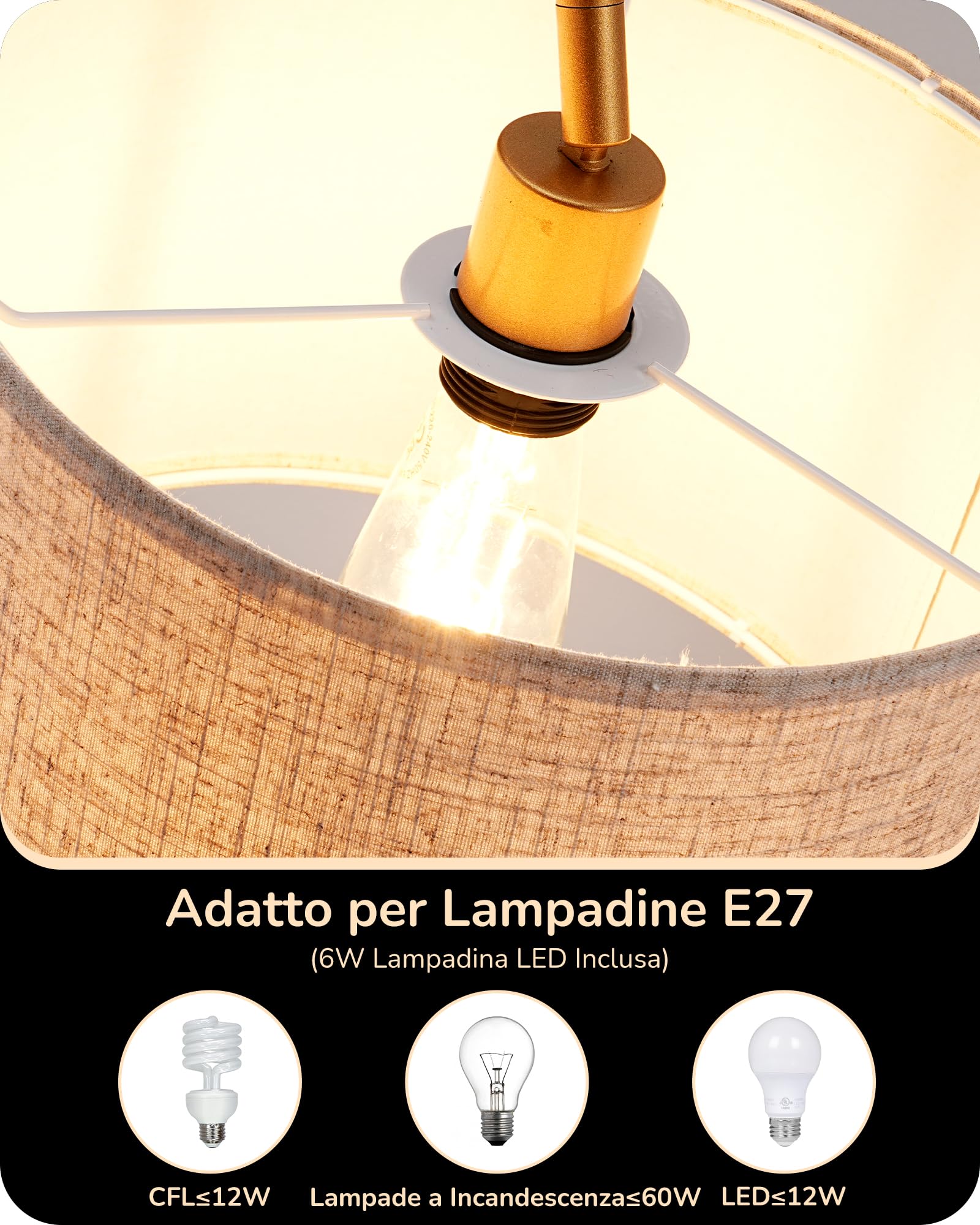 EDISHINE Lampada da terra per soggiorno, lampada ad arco con paralume in lino beige, lampada da terra dorata da 161 cm con paralume regolabile, attacco E27 (Lampadina fornita)
