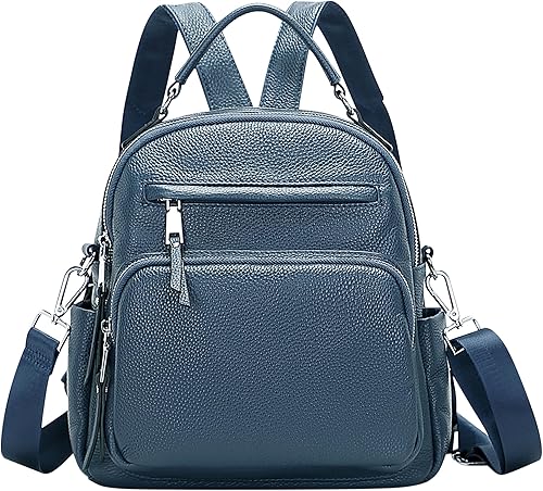 ALTOSY Mochila de cuero genuino para mujer, pequeña mochila convertible bolso para damas, bolso de hombro 4 en 1 para llevar, azul, (Linen Blue),