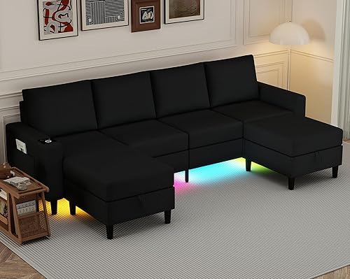 Miniatura 16 de Sofás seccionales para sala de estar, sofá seccional de 4 asientos con módulo inteligente - carga inalámbrica/USB/Type-C/luz RGB, sofá en forma de U