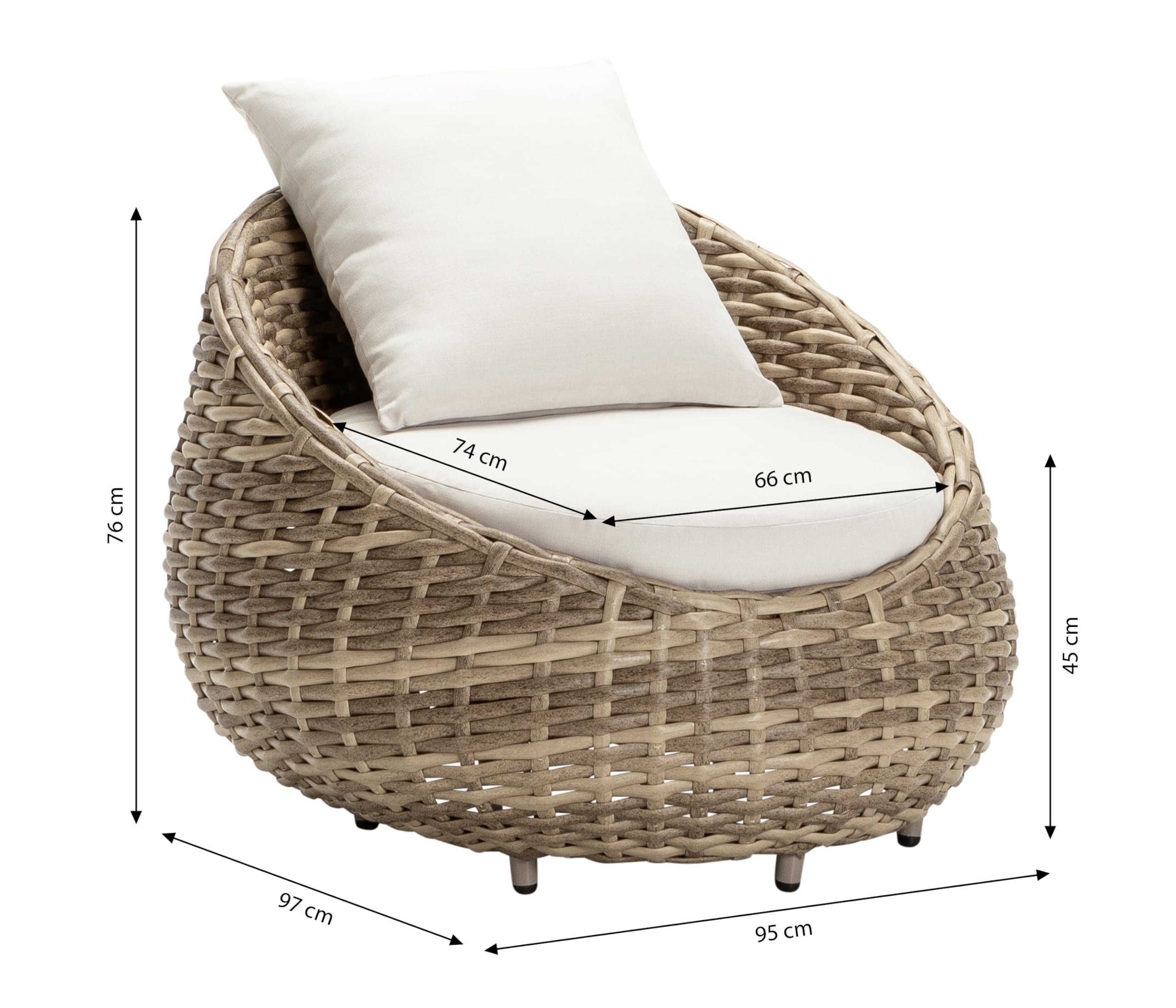 Dehner Sessel Tulum, Geflechtsessel wetterfest, Lounge Möbel Outdoor, 97 x 95 x 76 cm, Aluminium / Kunststoff / Polyester, braun / weiß