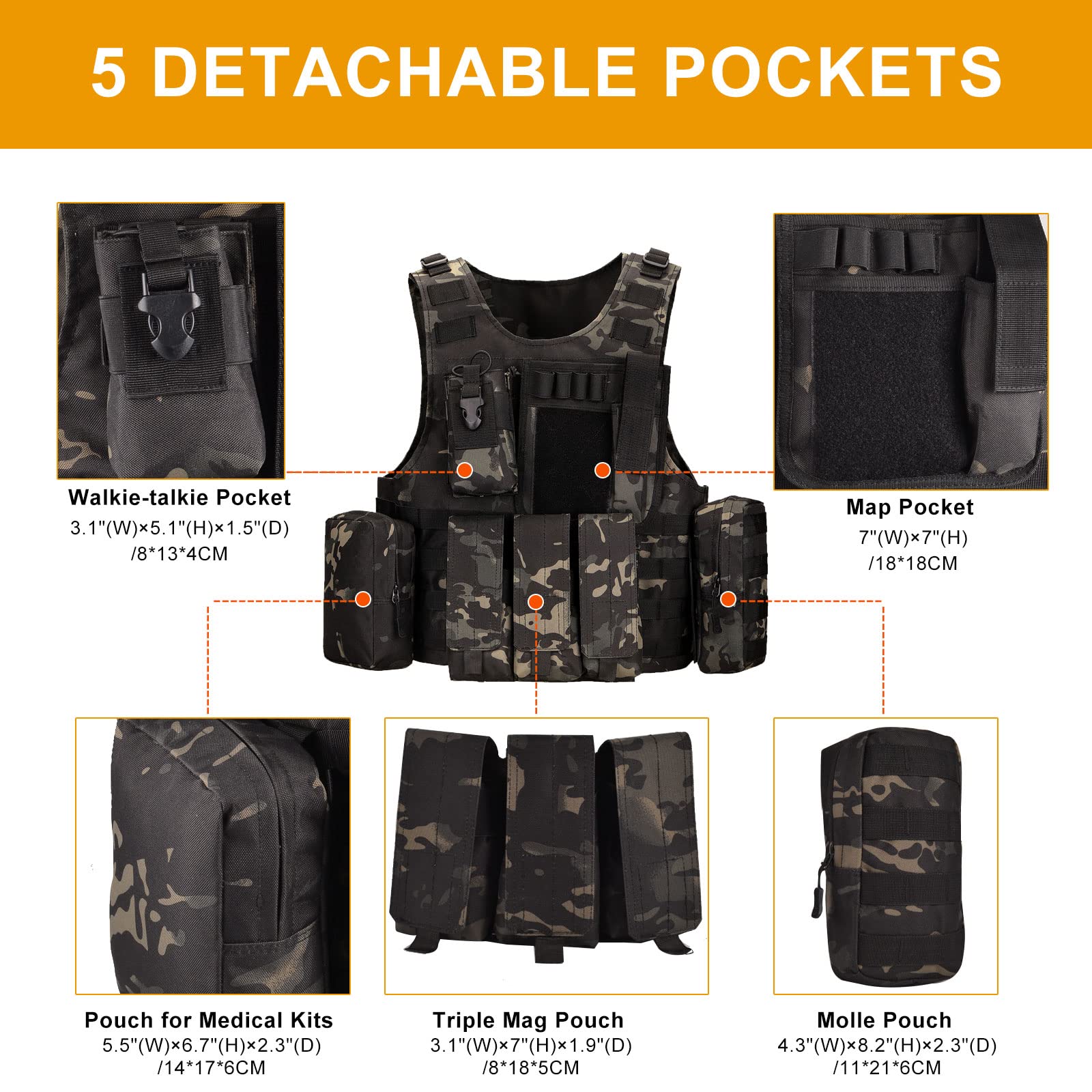 HUNTVP Chaleco Táctico Militar al Aire Libre Ajustable para Caza Airsoft Paintball CS Excursión Senderismo - 3