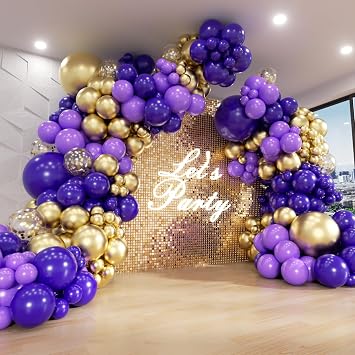 FOTIOMRG Purple and Gold Balloon Arch Garland Kit with Metallic Gold Confetti Dark Purple Balloons for Purple Graduation Birthday Party Decorations