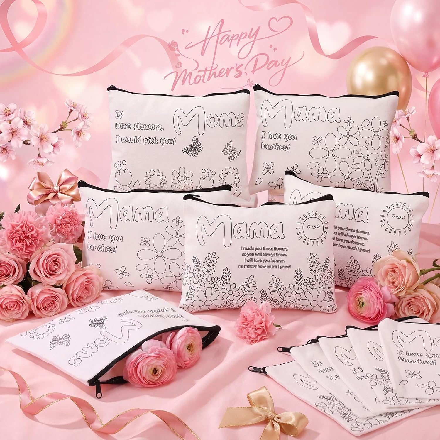 Paterr Mother's Day Craft Gift Coloring Mom Flowers Gift Canvas Bag Love Mama Makeup Pouch DIY for Mother's Day Activity