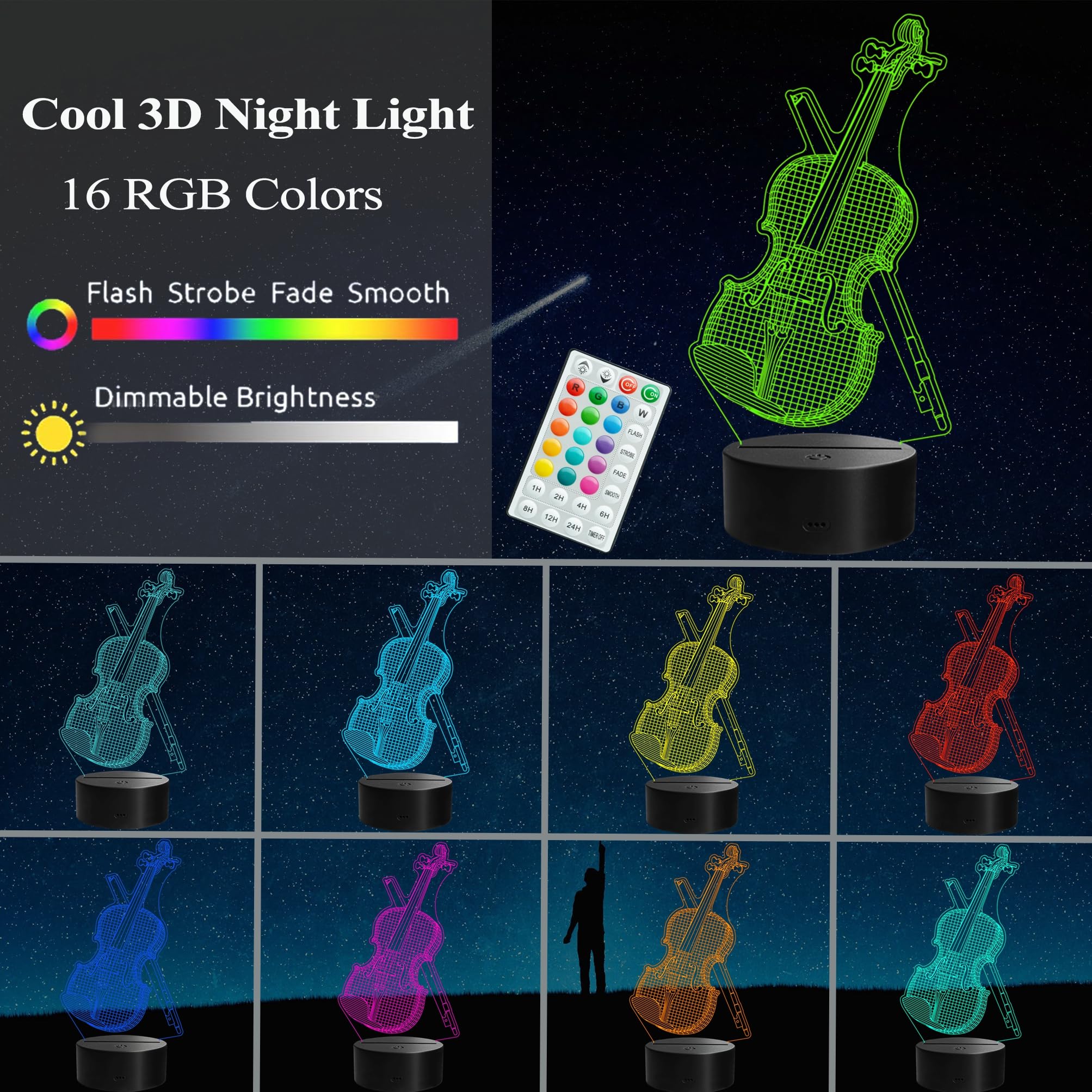 Violin Night Light, Violin Gifts, Cello 3D Illusion Lamp with Remote Control, 16 RGB Colors, 4 Flashing Modes, Timer, Dimmable, Kids Music Room Decor