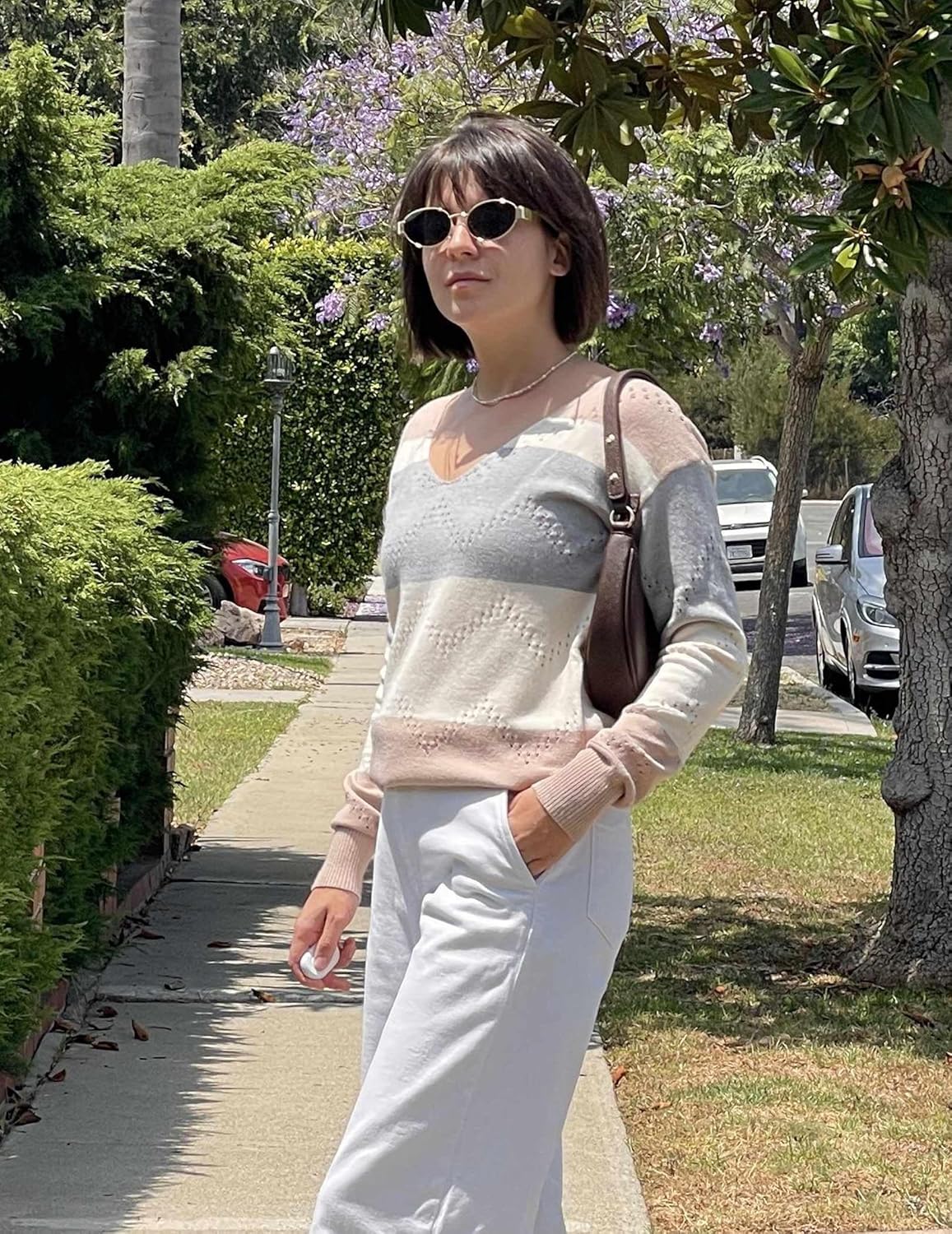 Zeagoo Womens Sweaters Fall Trendy Casual Long Sleeve Shirt Lightweight V Neck Off Shoulder Crochet Pullover Top Outfit - Image 3