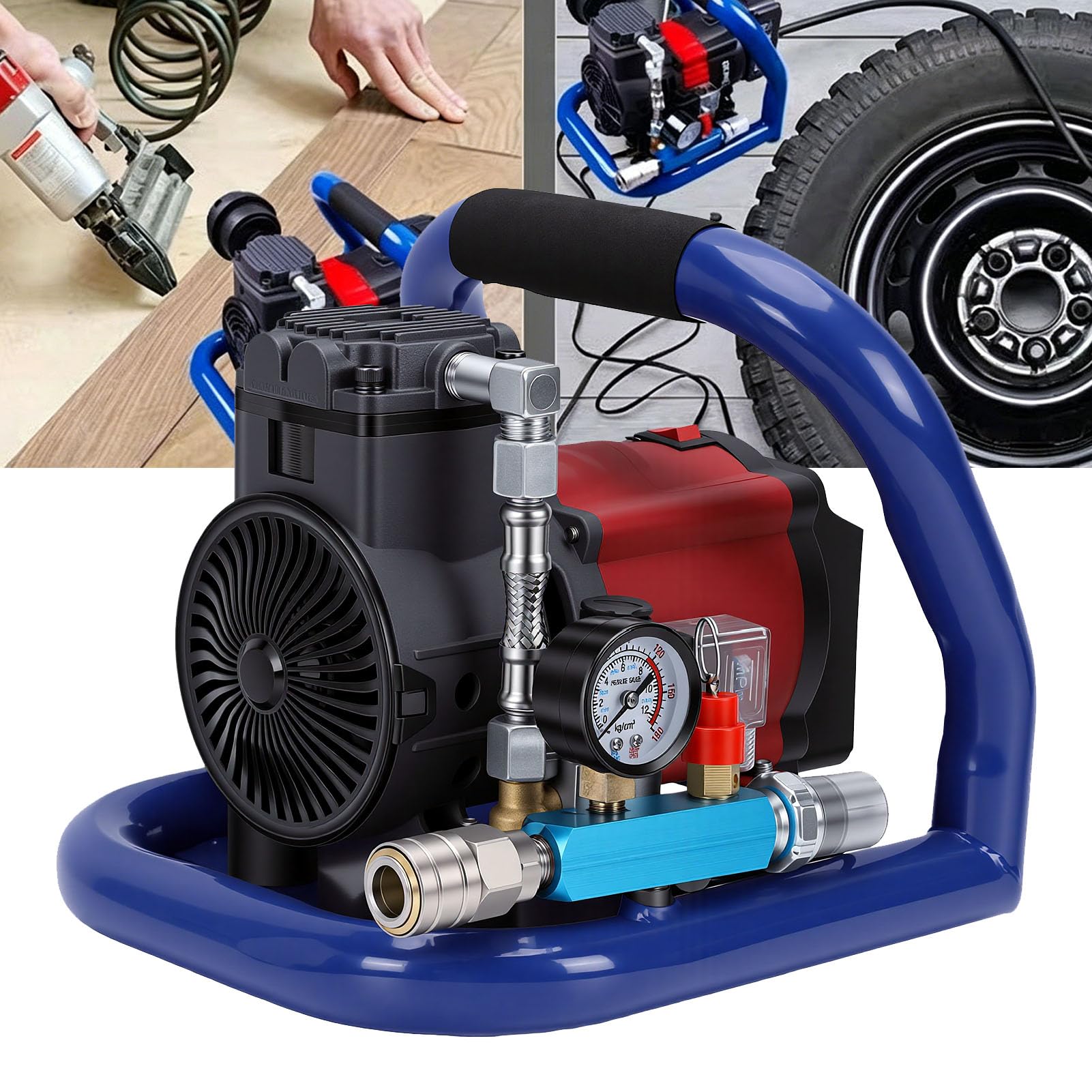 Fafeicy Compressore D'Aria Senza Fili, Motore Brushless da 350 W Serbatoio da 1,5 L Avvio Automatico da 8 Bar con 3 Ugelli per Gonfiaggio Pneumatici Lavorazione del Legno Verniciatura