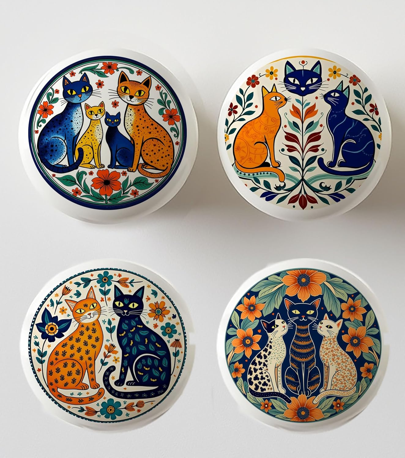 Set of 4 Talavera Cats Round Ceramic Drawer Knobs