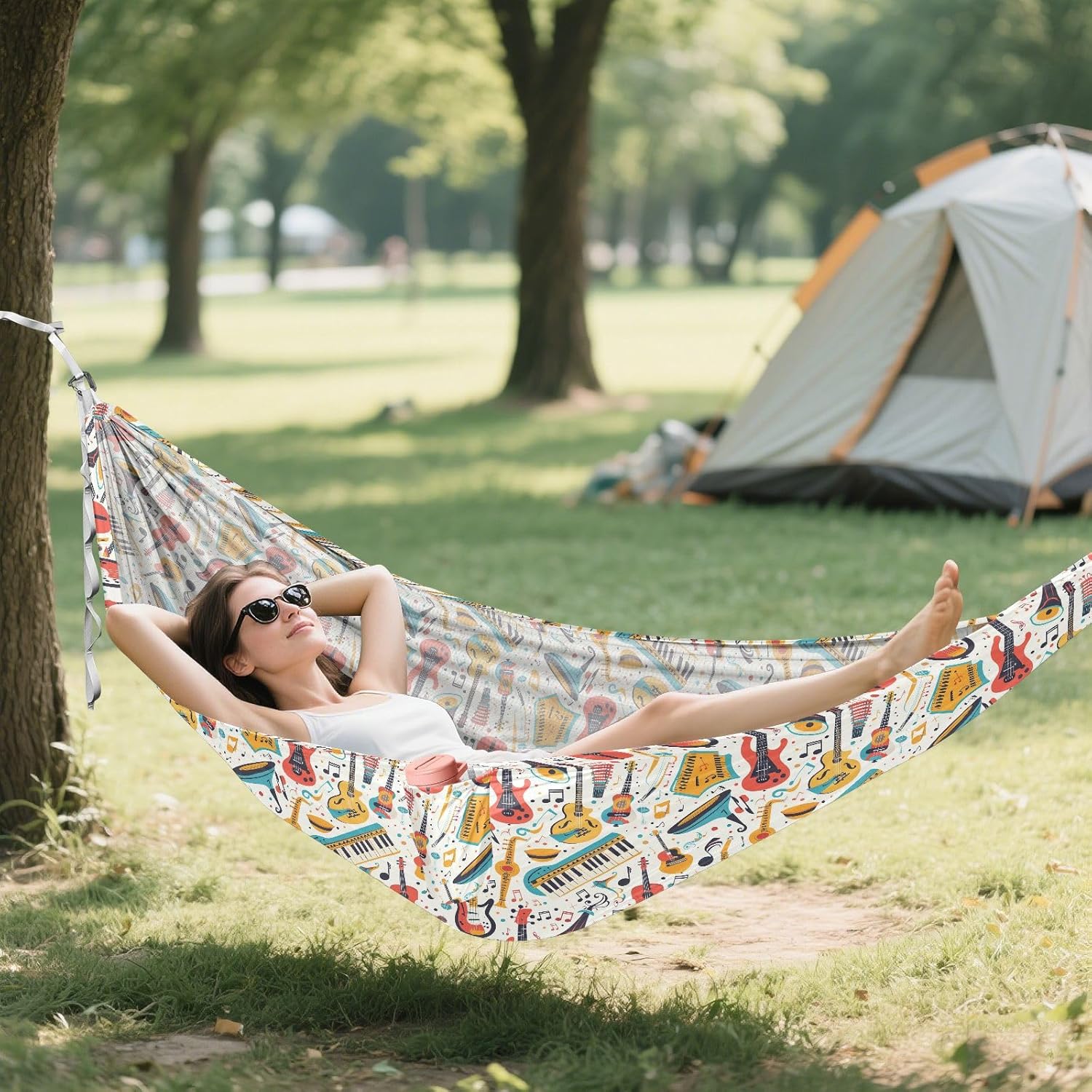 ALAZA Music Note Musical Instrument Camping Hammocks Single or 2 Person 500 lbs Portable Parachute Travel Hammock w/Tree Straps for Hiking Backpacking Indoor Outdoor