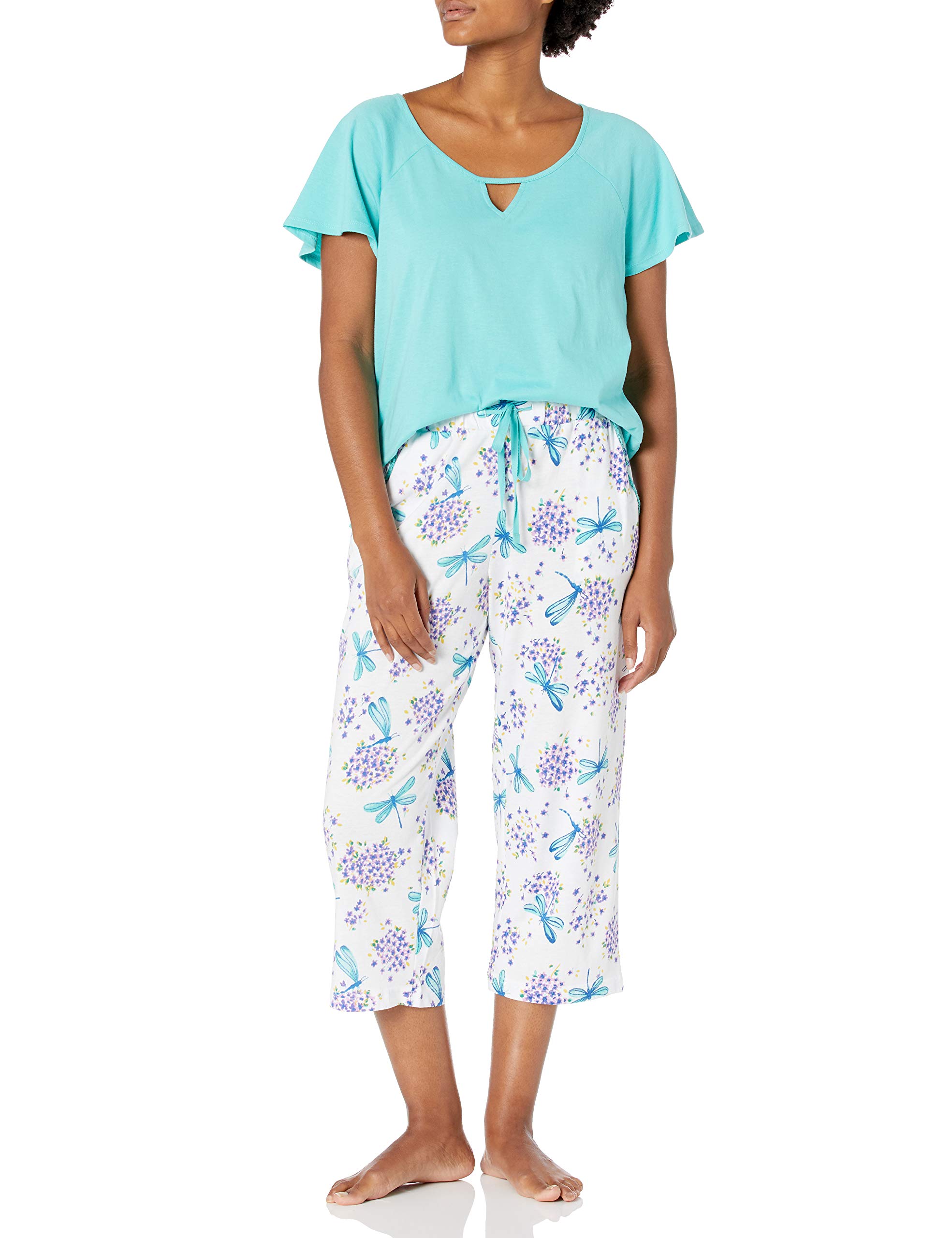 Karen Neuburger Women's Short Sleeve Top and Capri Pj Set with Wicking Technology, Mint Teal Green/Dragonfly Print Bottom, Small
