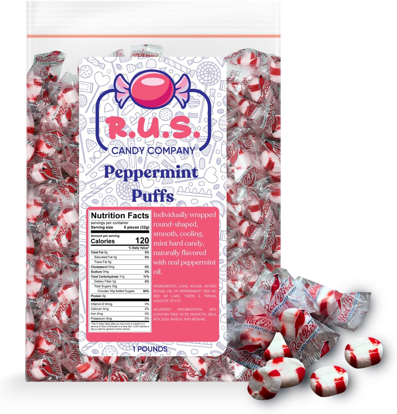 Soft Peppermint Candy Puff Individually Wrapped - 1 Pound Bulk Bag - Peppermint Candy individually wrapped Perfect peppermints candy mints for Christmas Parties Holiday Celebrations Office mints